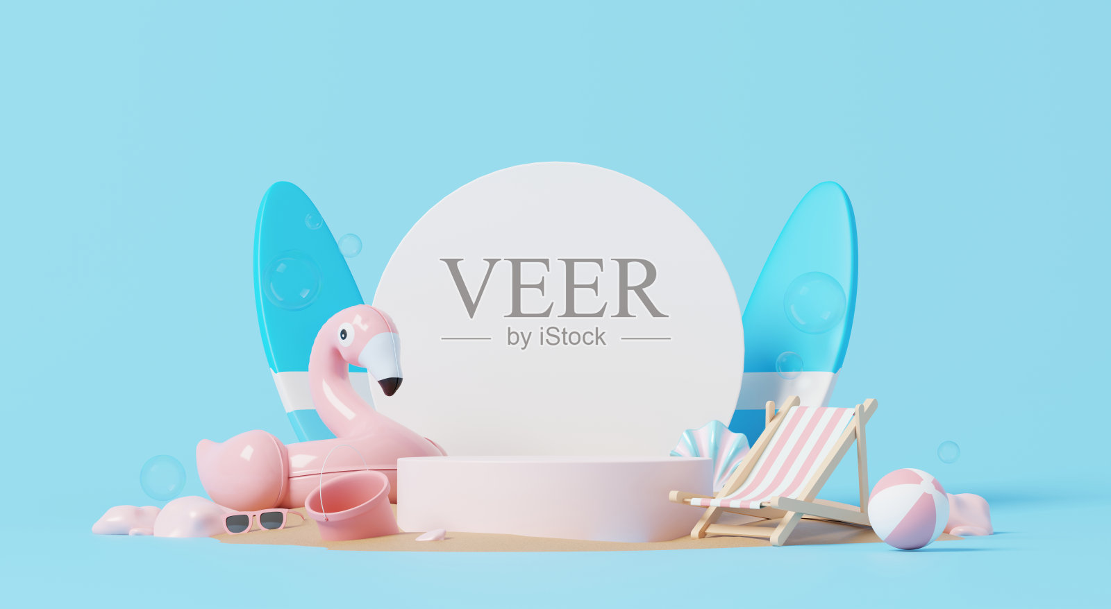 3D渲染，平台展示白圈产品装饰夏日元素沙滩球，火烈鸟充气等，节日假期时间。照片摄影图片