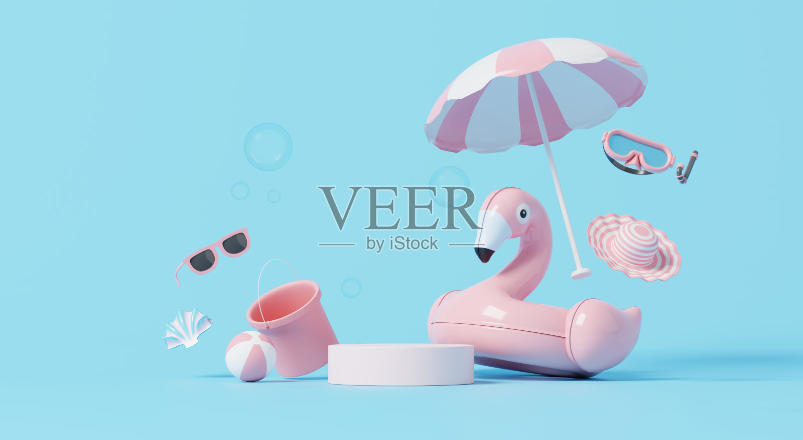 3D渲染，平台展示产品蓝色背景与夏季元素沙滩伞，球，太阳镜，旅游假期场景。照片摄影图片