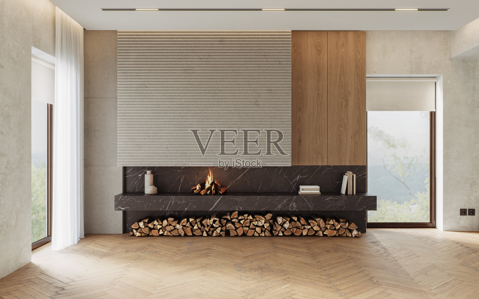 现代客厅内部，混凝土墙和壁炉。现代设计解决方案，3d渲染照片摄影图片