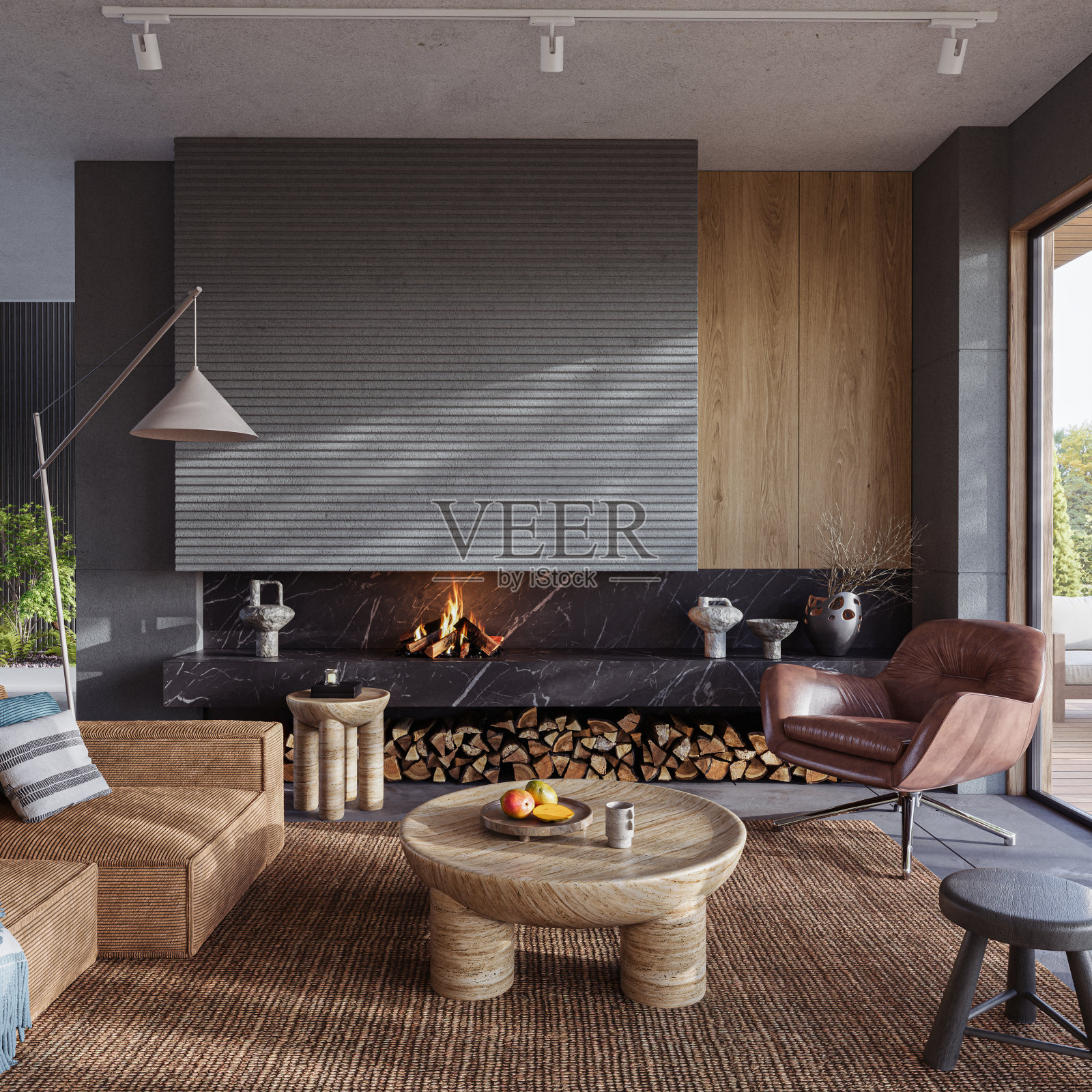 现代客厅内部，混凝土墙和壁炉。现代设计解决方案，3d渲染照片摄影图片