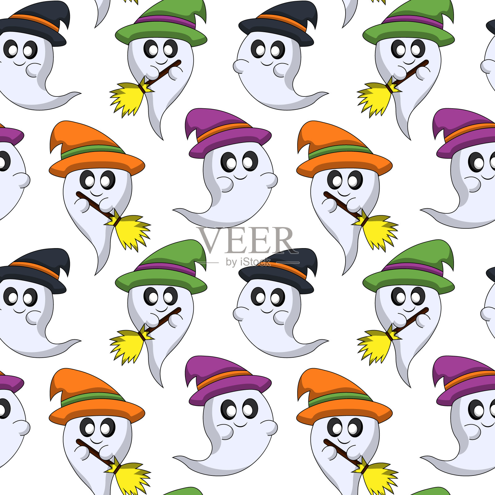 无缝图案与可爱的卡通幽灵女巫插画图片素材