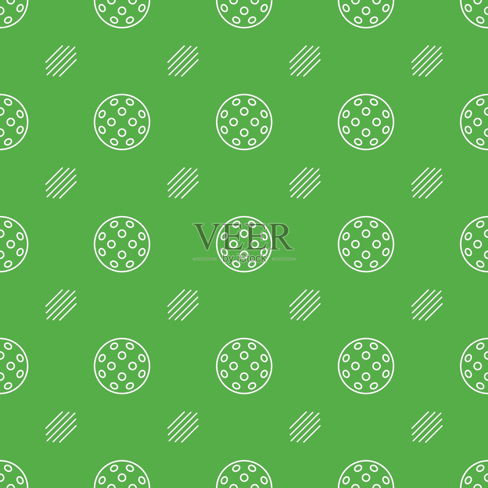 匹克球无缝图案与球在绿色背景。平面矢量装饰印刷，横幅，卡片，织物，封面，包装纸，壁纸插画图片素材