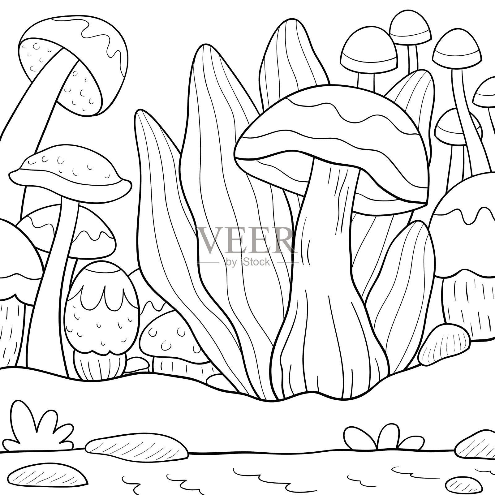 背景与蘑菇，线艺术风格插图的成人和儿童。插画图片素材