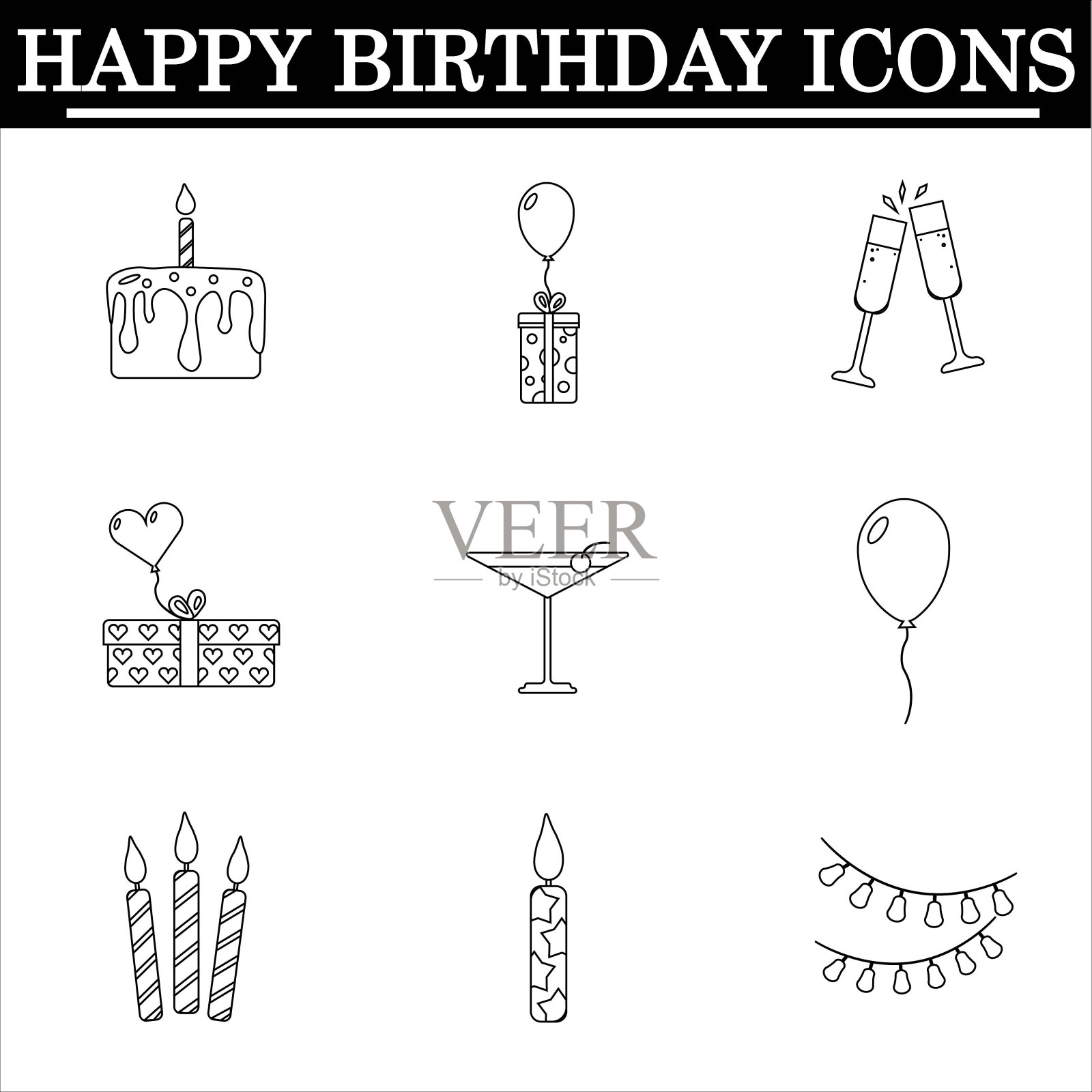 白色背景上的生日轮廓图标集。插画图片素材