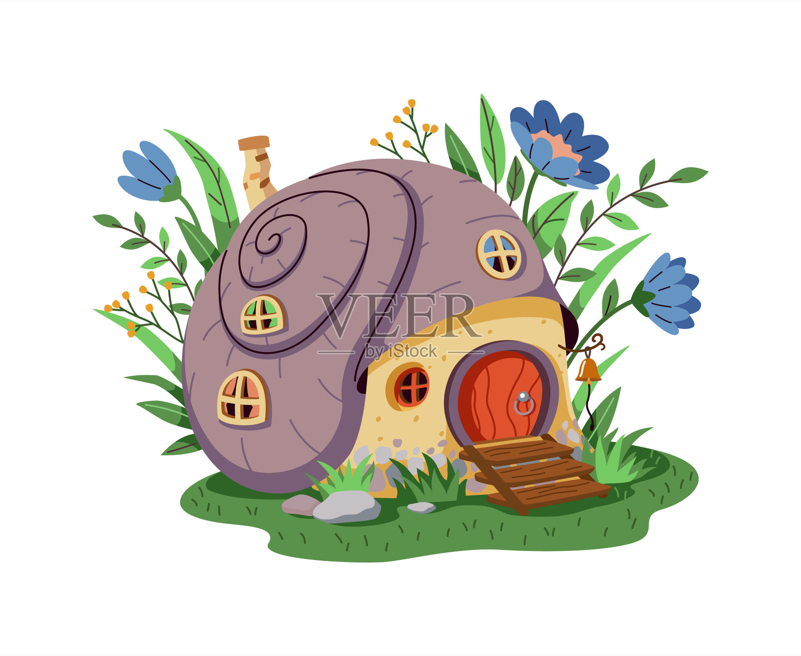 神奇的卡通小精灵或仙女的房子螺旋壳插画图片素材