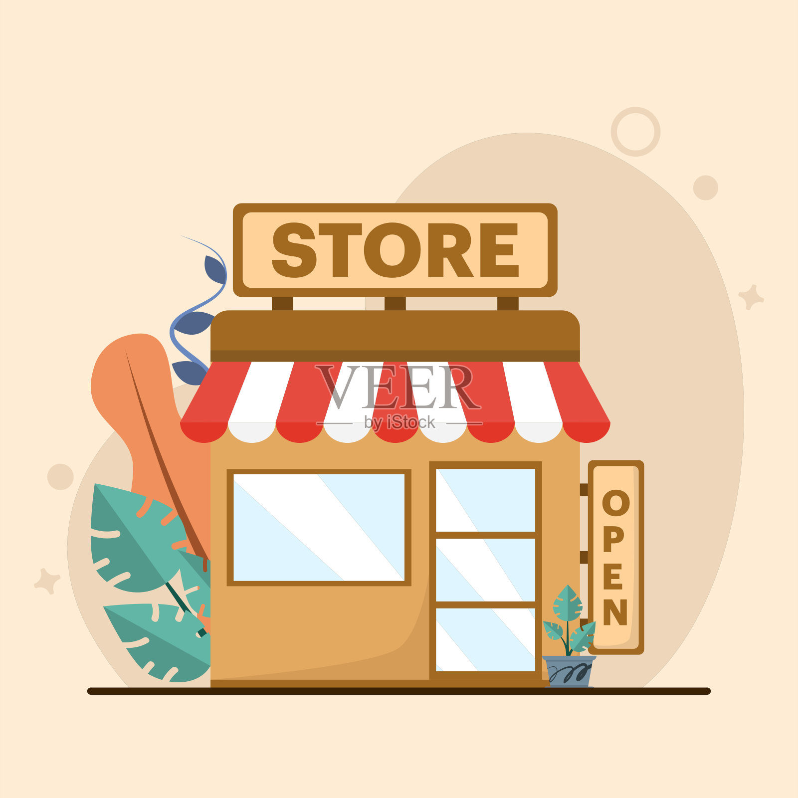 商店，商店，市场的概念。杂货店，超市有不同的食品。商店橱窗。平面设计适用于各种用途。矢量插图在平面风格。插画图片素材