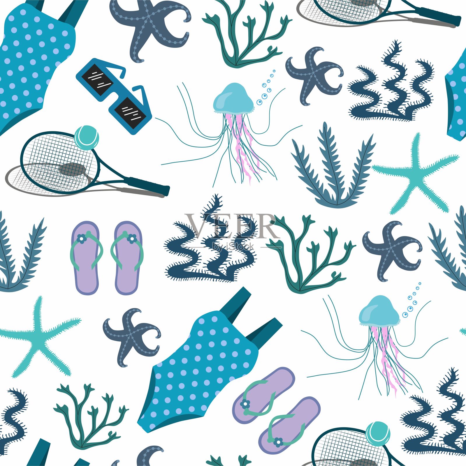 无缝蓝色图案与人字拖凉鞋，泳衣，海星。水母、海藻和太阳镜。带球的网球拍。重复夏季印花，背景纹理。孤立在白色上。插画图片素材