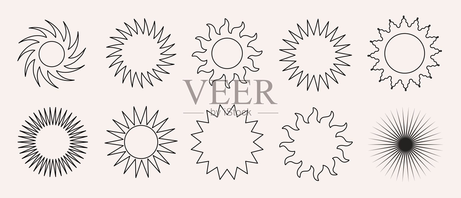 向量集线性波西米亚太阳标志，图标和符号。插画图片素材