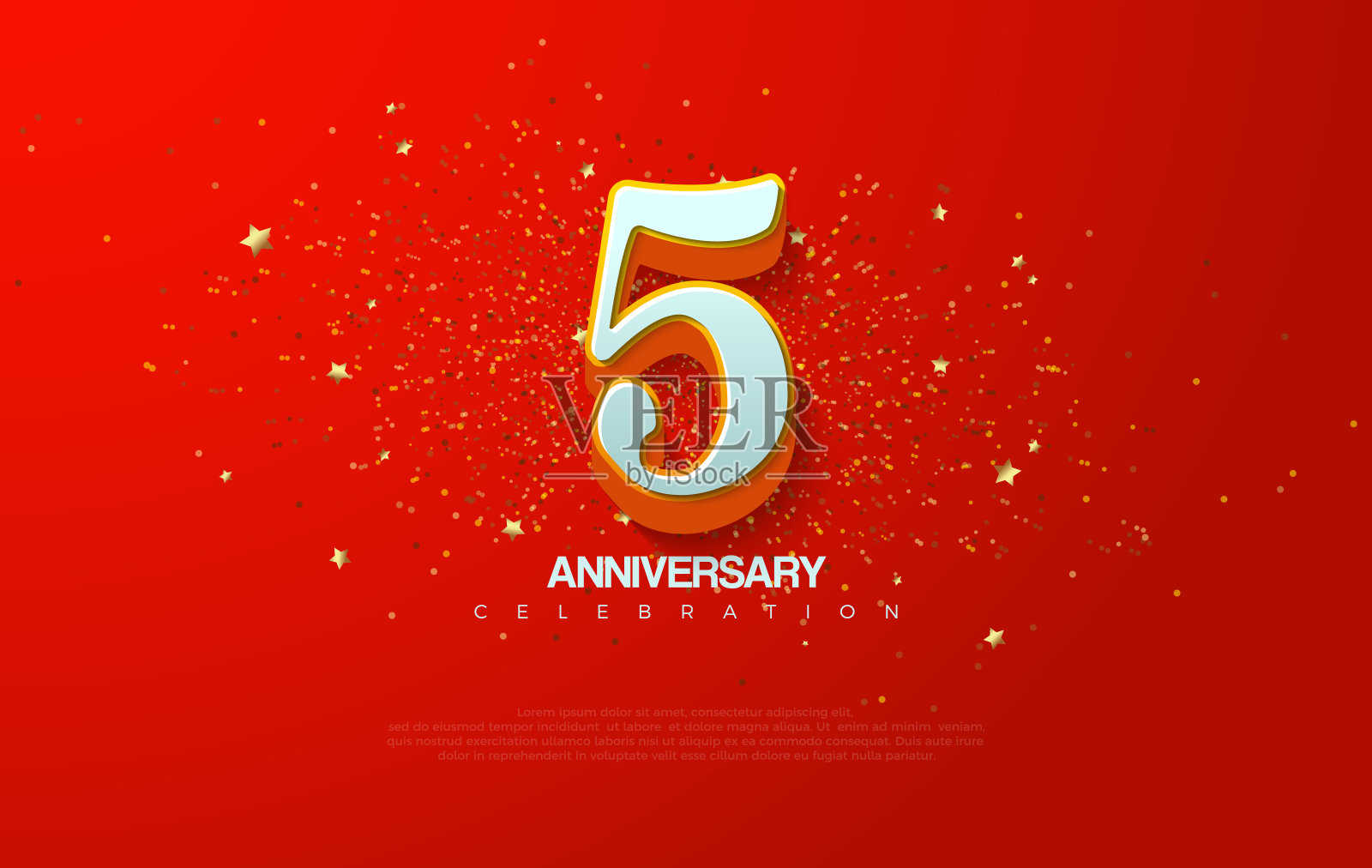 五周年纪念矢量背景设计。与迷人的经典数字在白色的红色背景。插画图片素材