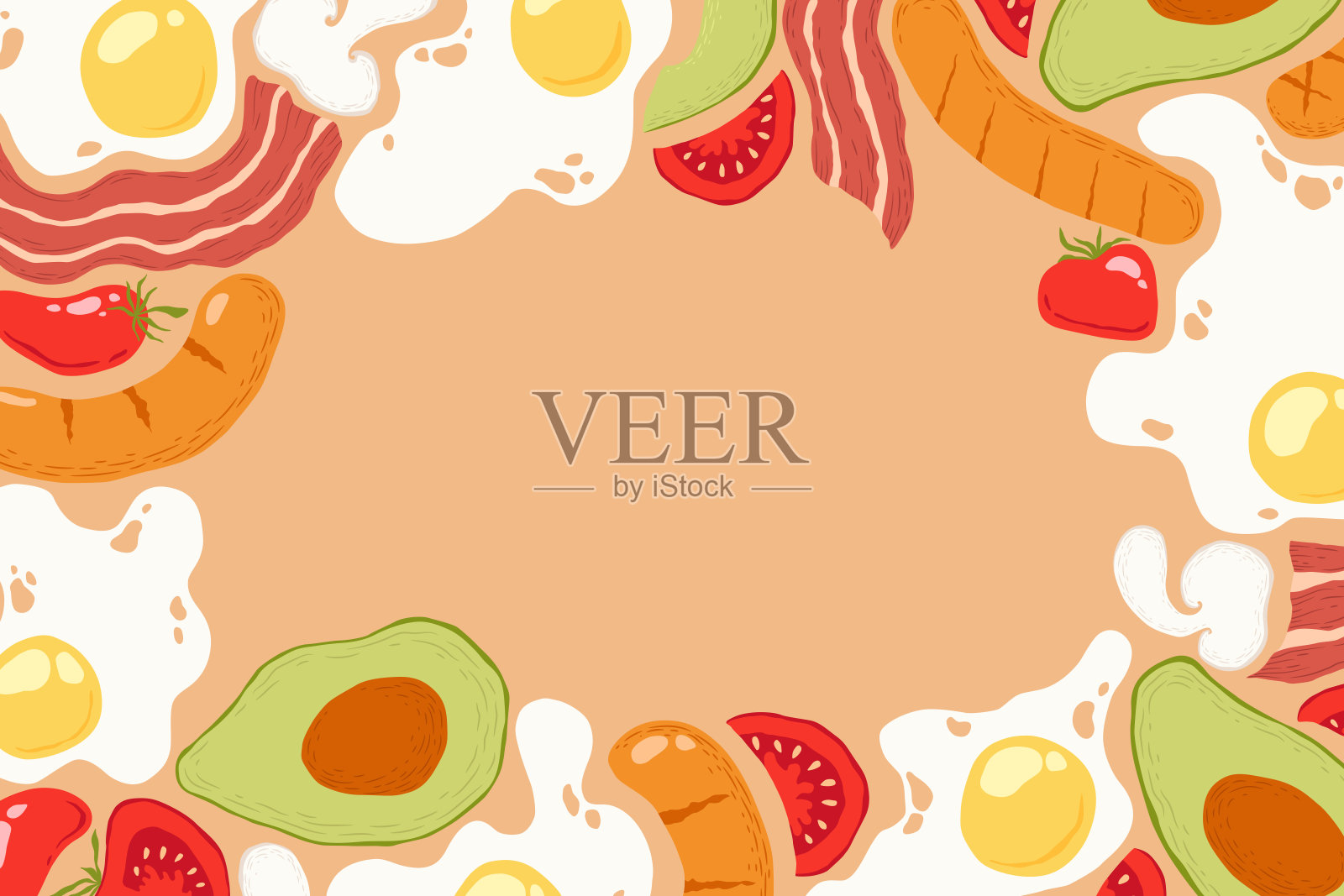 矢量插图手绘抽象煎蛋，培根，香肠，西红柿，牛油果框架孤立的颜色背景。食物插图剪贴画装饰印刷，卡片，菜单插画图片素材