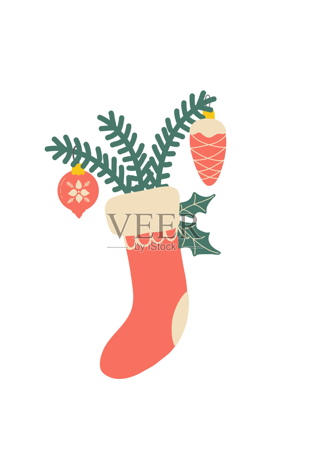 圣诞红袜子里有礼物和圣诞装饰品。舒适的圣诞节日元素，目前在斯堪的纳维亚风格，冬季滑稽。卡通矢量插图孤立的图像在一个白色的背景。插画图片素材