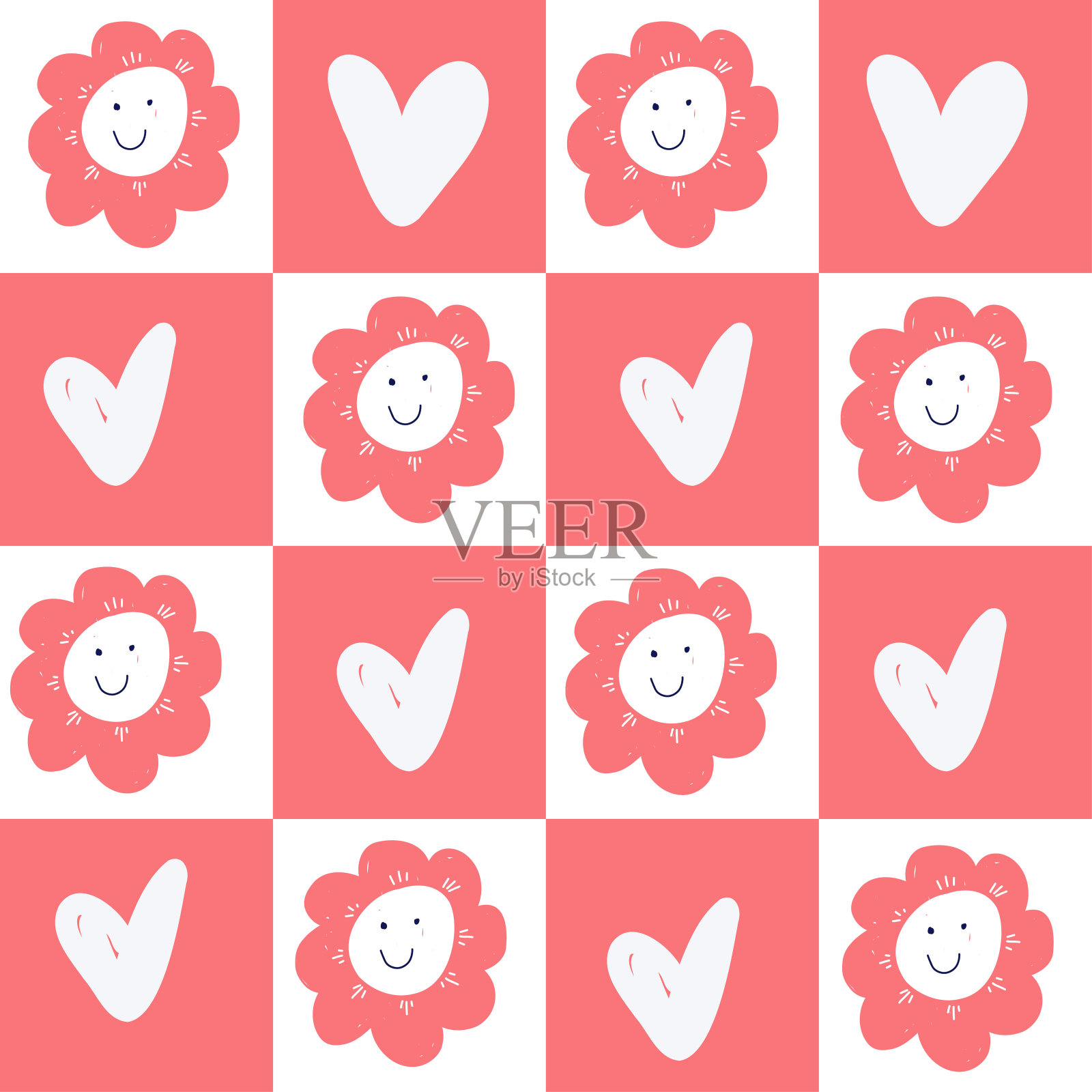 红心笼子里欢快的花朵，红白棋盘上无缝的图案。用于装饰情人节，文具，家居装饰和织物和剪贴纸插画图片素材