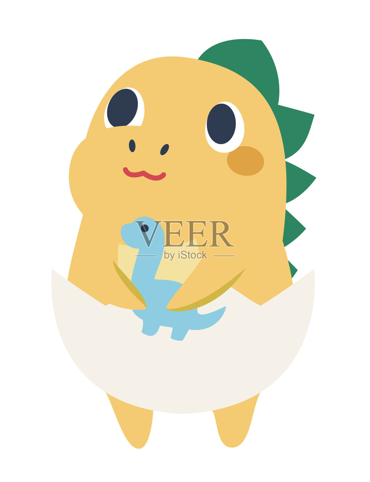 一只黄色的恐龙拿着一个可爱的毛绒玩具插画图片素材