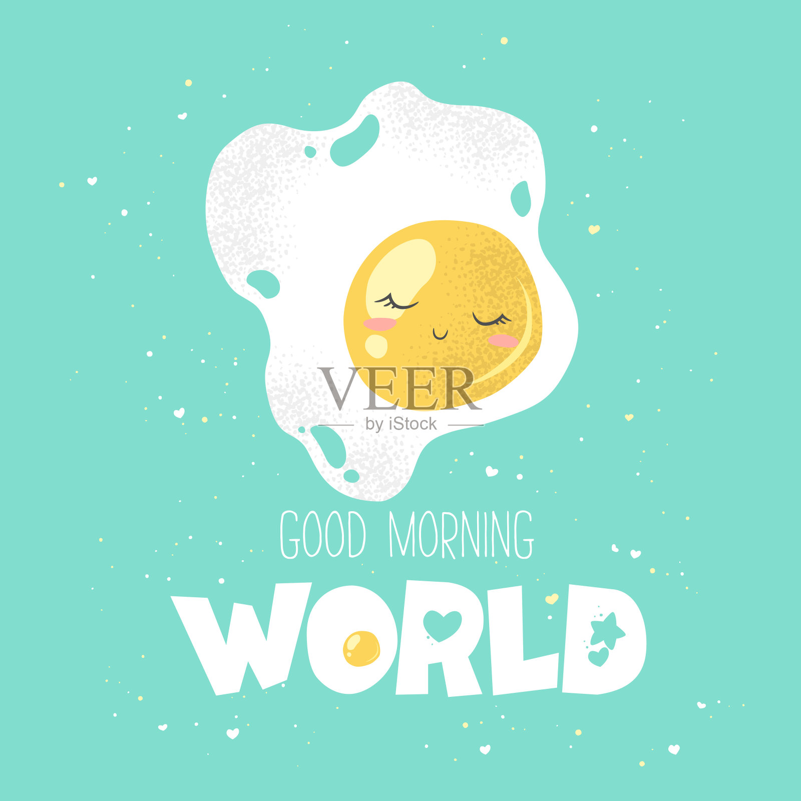 矢量插图与可爱的手绘卡通鸡蛋和字母早安世界隔离在蓝绿色的背景。设计海报印刷，壁纸，卡片，装饰，菜单插画图片素材