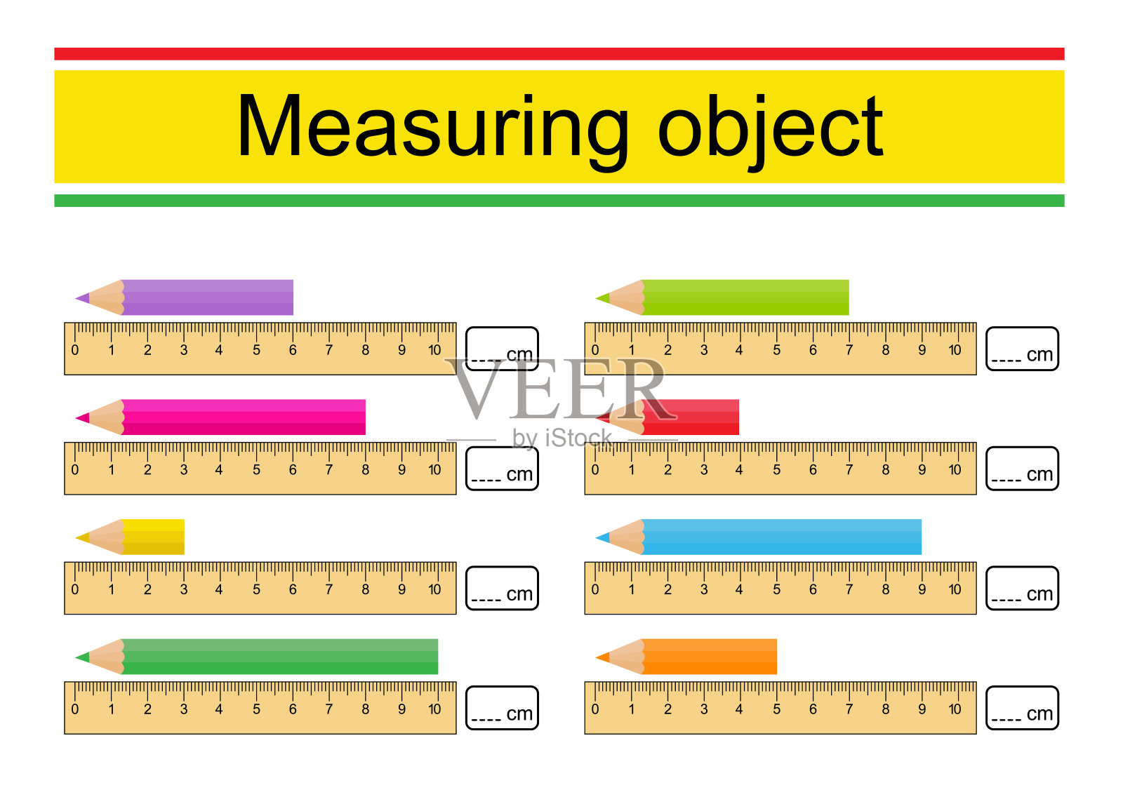 学龄前儿童的工作表。用尺子测量铅笔的长度。插画图片素材