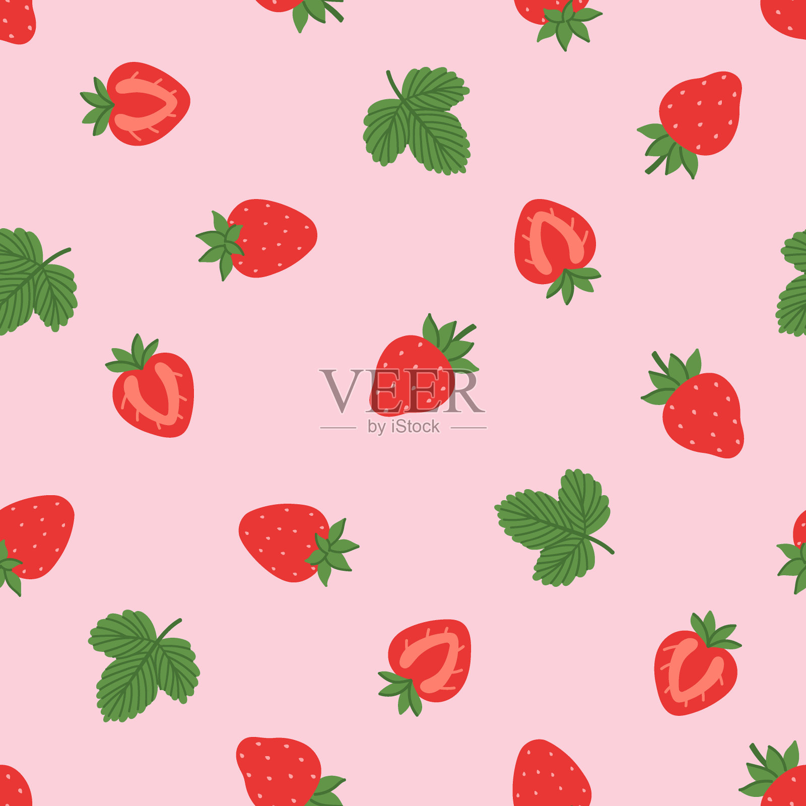 草莓，半草莓和叶子的无缝图案。矢量图形。插画图片素材