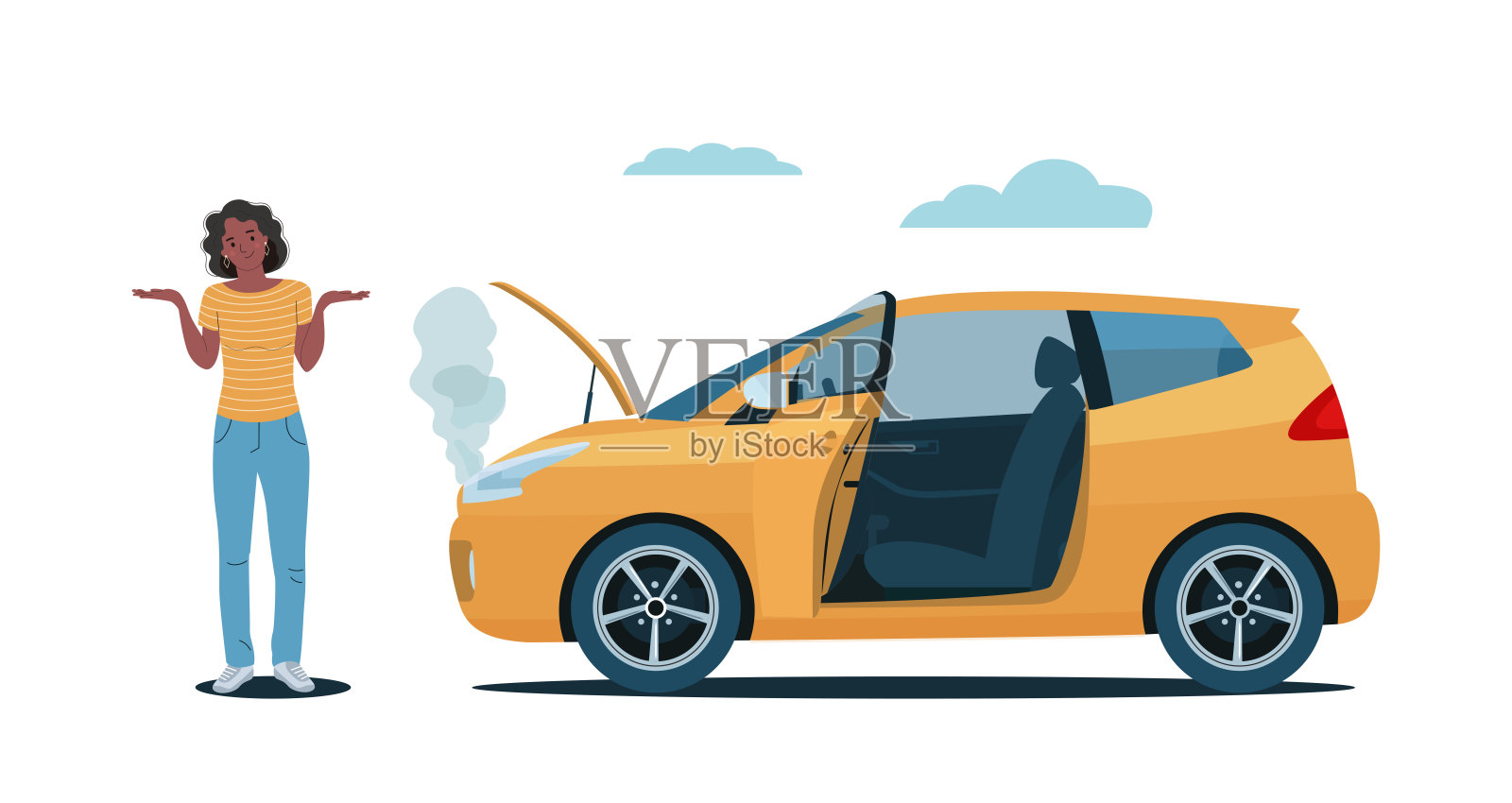 一名女子站在一辆开着引擎盖的破车旁。矢量插图。插画图片素材