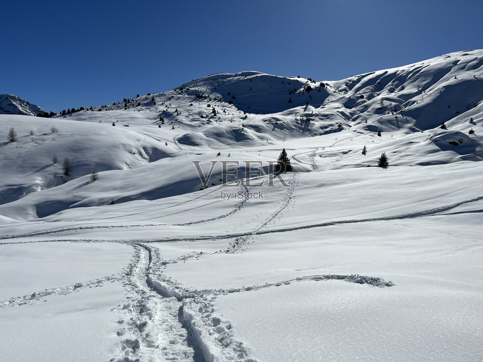 瑞士阿尔卑斯山脉和旅游胜地阿罗萨-格劳松州(瑞士Kanton graub<e:1> nden)的冬季徒步小径和小径，在新鲜的高山积雪中，瑞士格劳松州。照片摄影图片