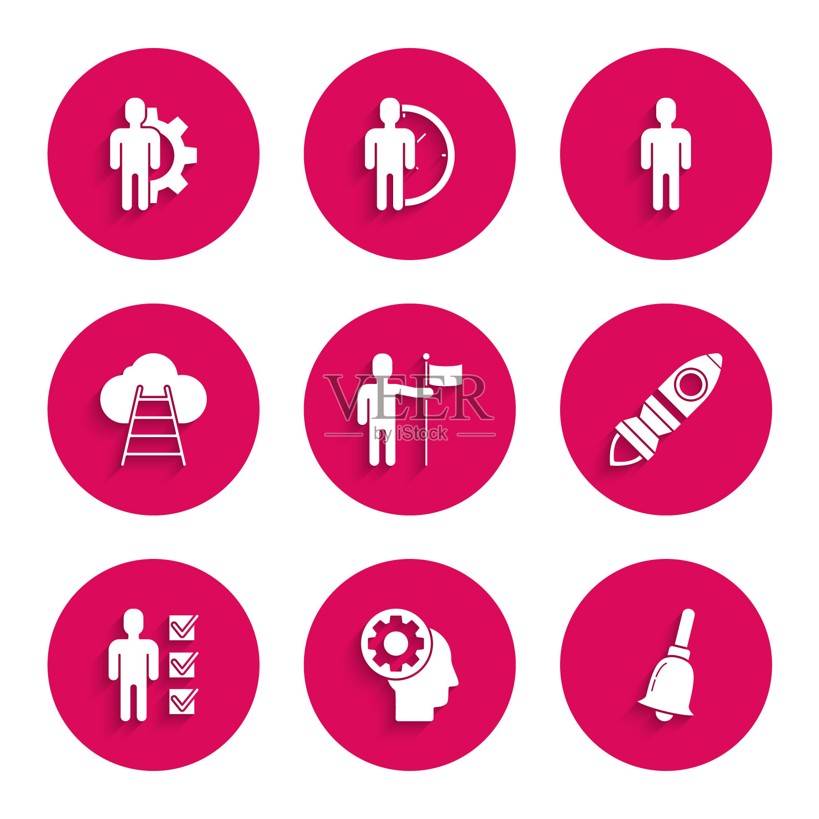 场景:人手持旗帜，人的头里面有装备，铃声，火箭飞船火，西装使用者，通向云的梯子，图标。向量插画图片素材