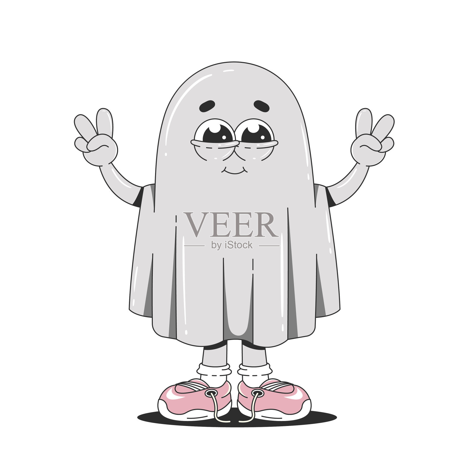 复古的万圣节鬼魂穿着运动鞋，展示着和平的标志。可爱的角色在时髦的时髦风格。孤立矢量插图。插画图片素材