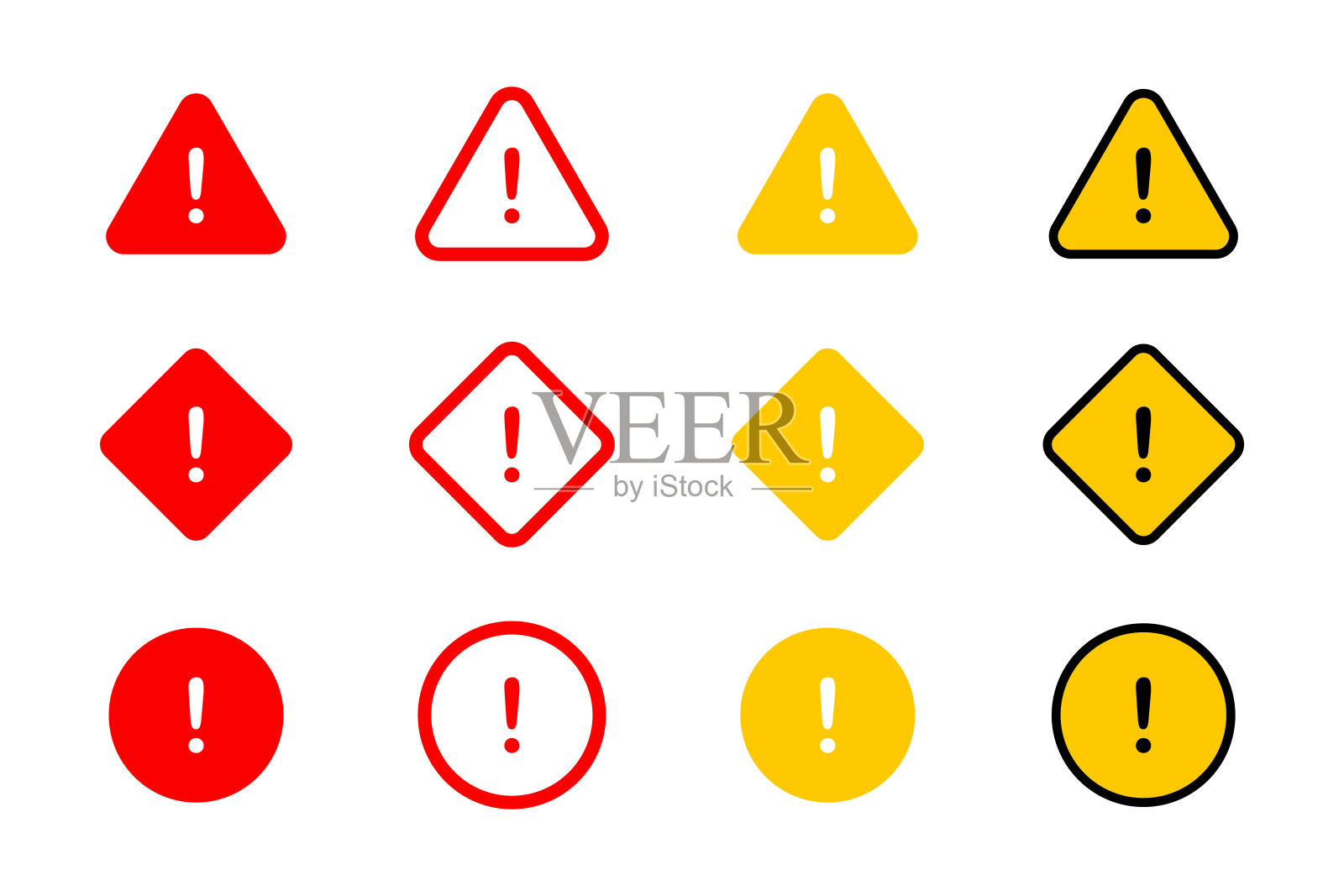 设置了警告标志。带有感叹号的路标。注意路牌。危险警告。注意符号带有感叹号。矢量图标集插画图片素材
