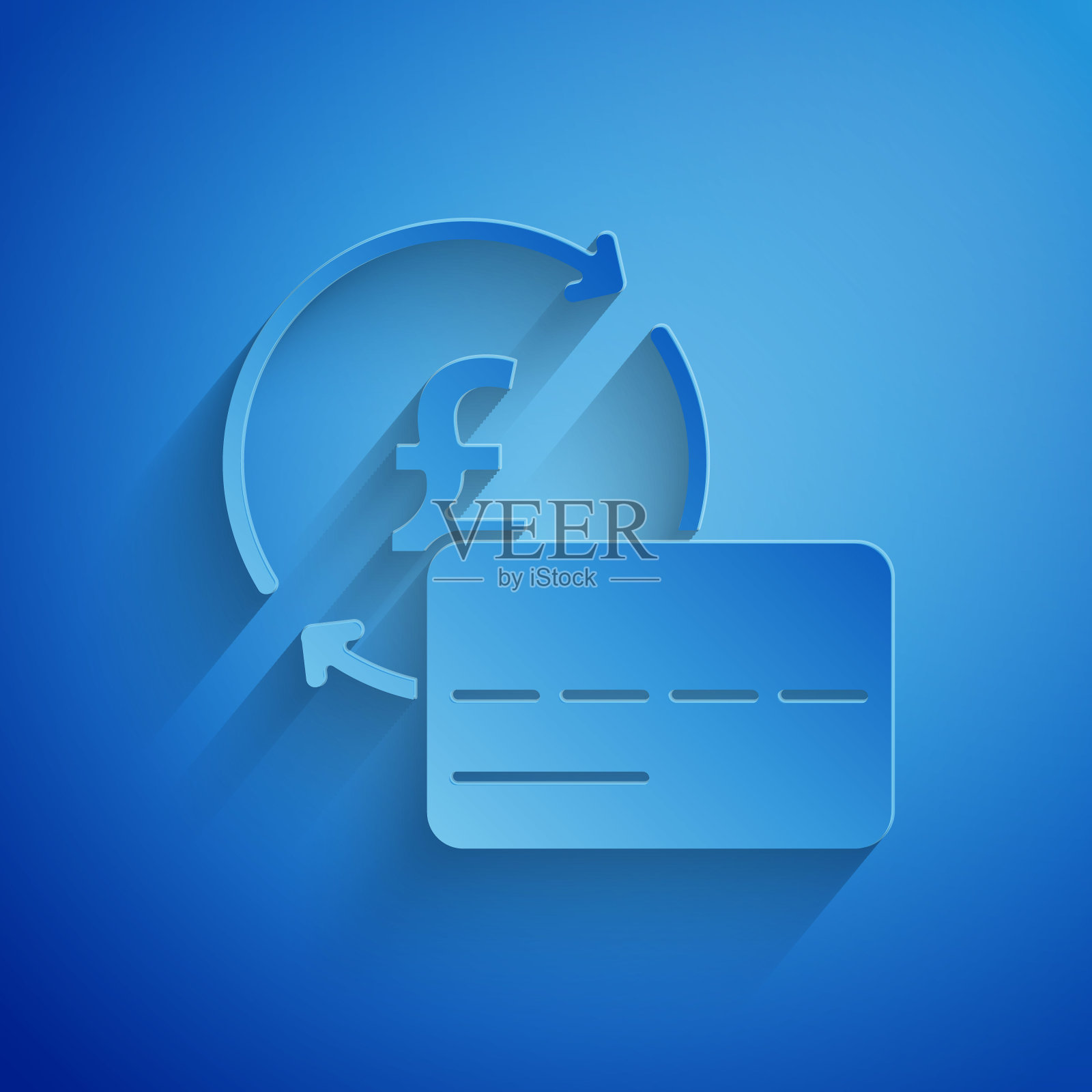 剪纸信用卡图标孤立的蓝色背景。在线支付。取现。金融业务。购物的迹象。纸艺风格。向量插画图片素材