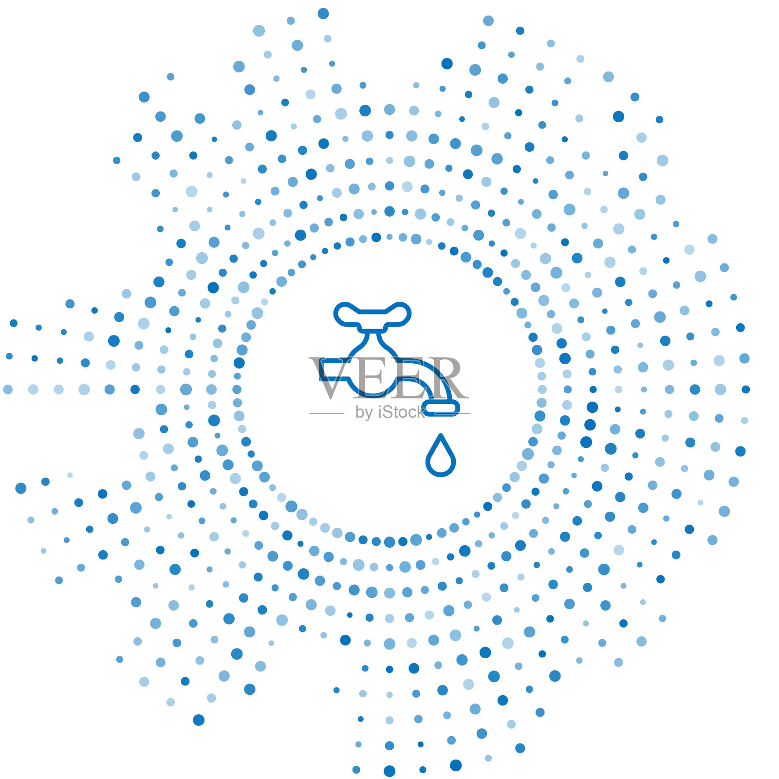 蓝线水龙头与下降的水滴图标隔离在白色背景。抽象圆形随机点。向量插画图片素材