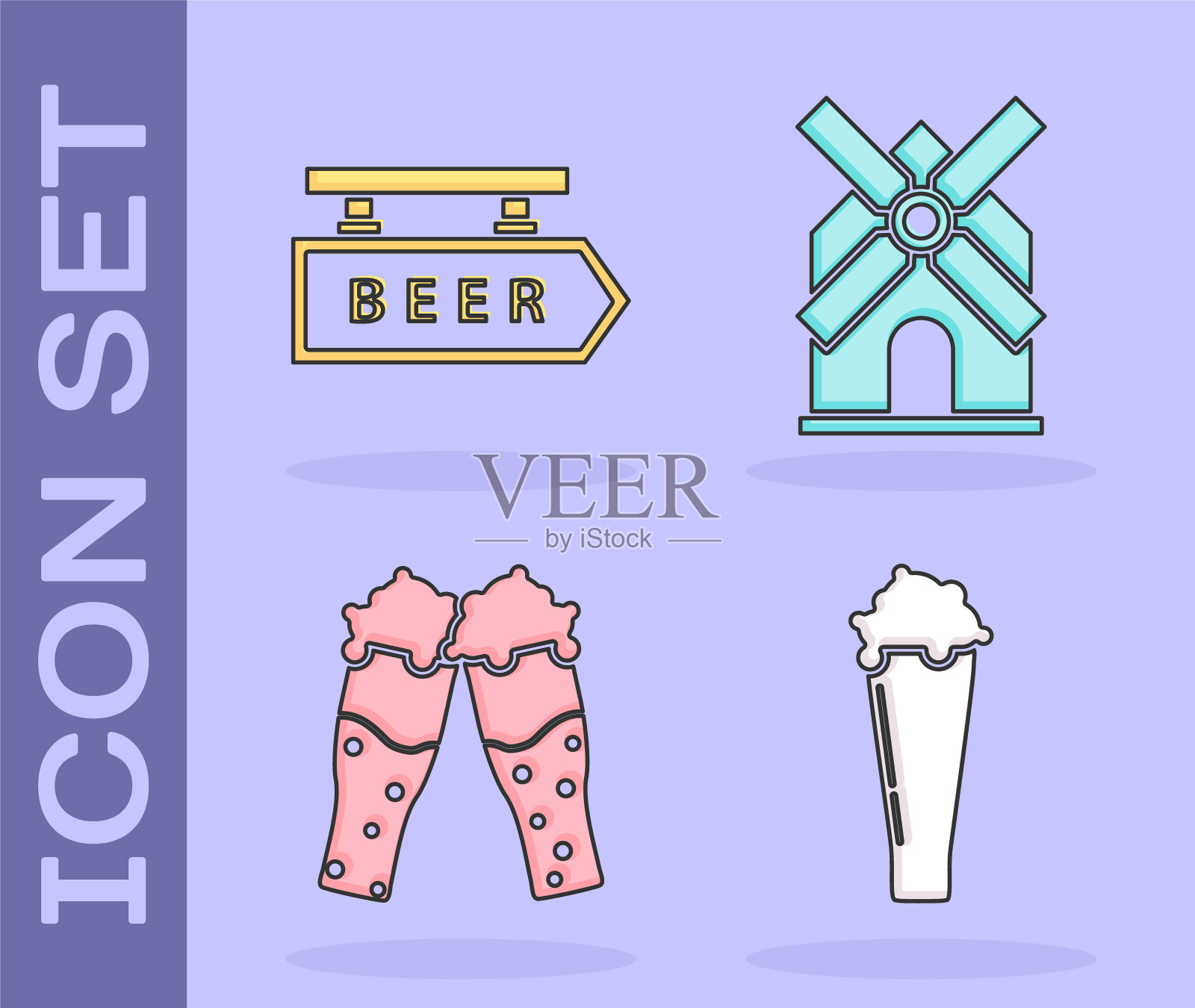 Set Glass of beer，街道广告牌上的铭文beer，啤酒和风车图标的玻璃。向量插画图片素材