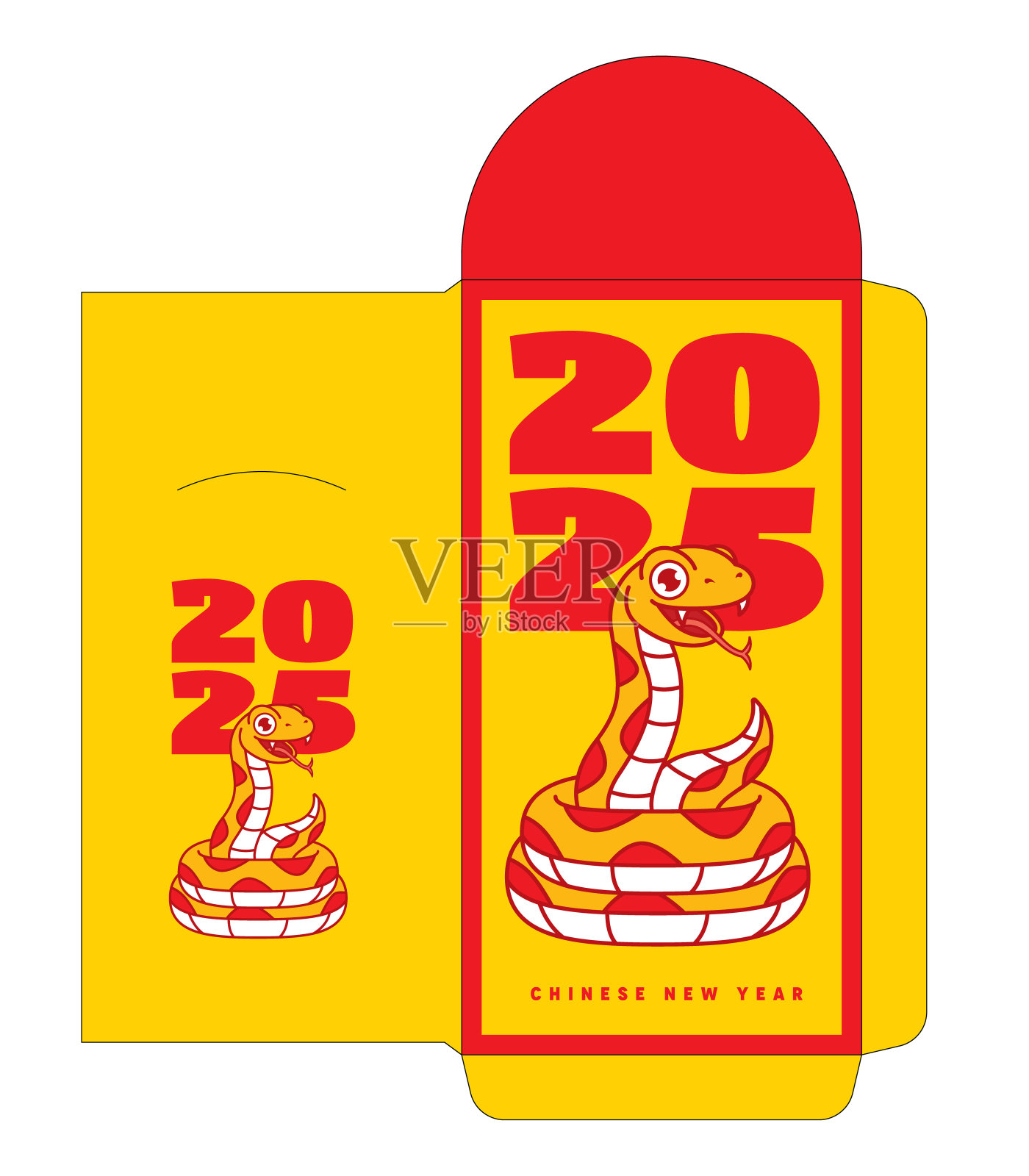 中国农历新年2025蛇生肖插图黄红色信封模板。2025年蛇年插画图片素材