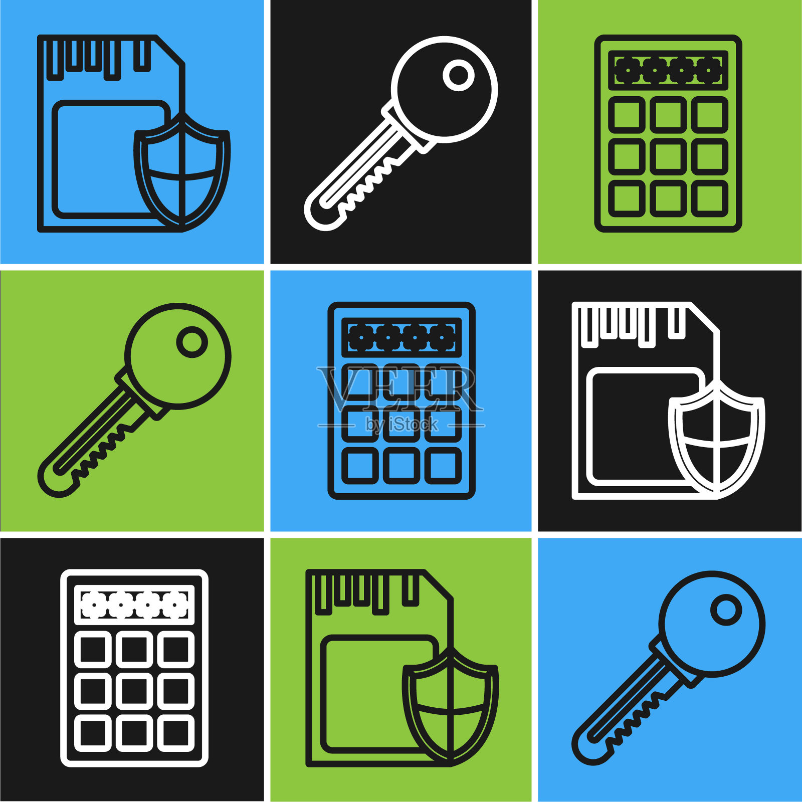 设置线SD卡和屏蔽，密码保护和安全访问和钥匙图标。向量插画图片素材