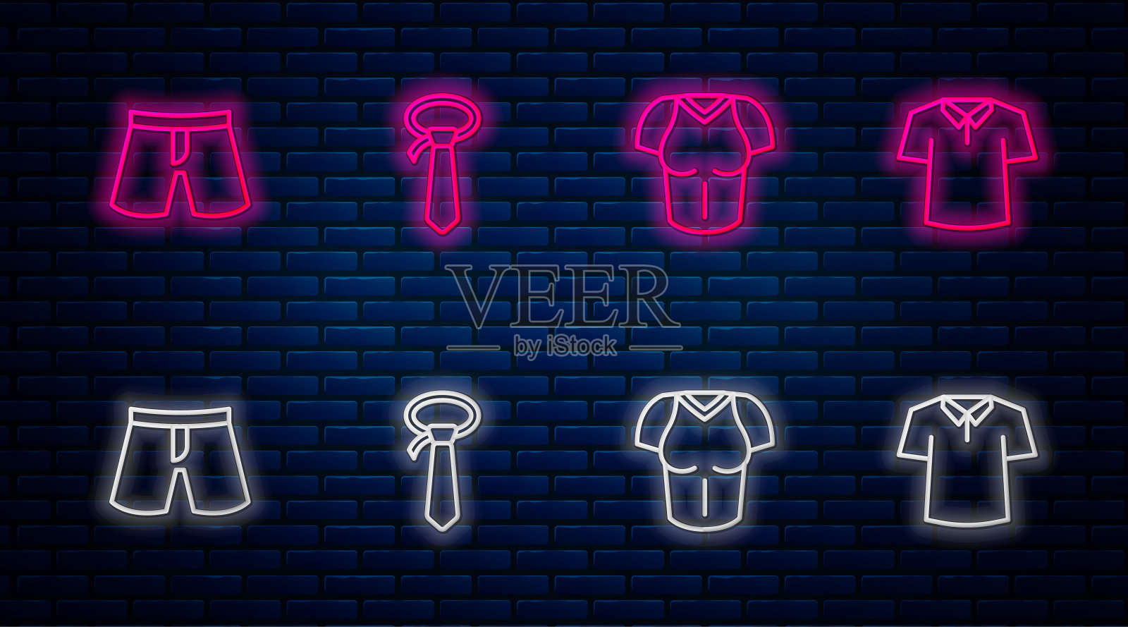 领带，t恤，短裤或裤子和衬衫。砖墙上发光的霓虹灯图标。向量插画图片素材