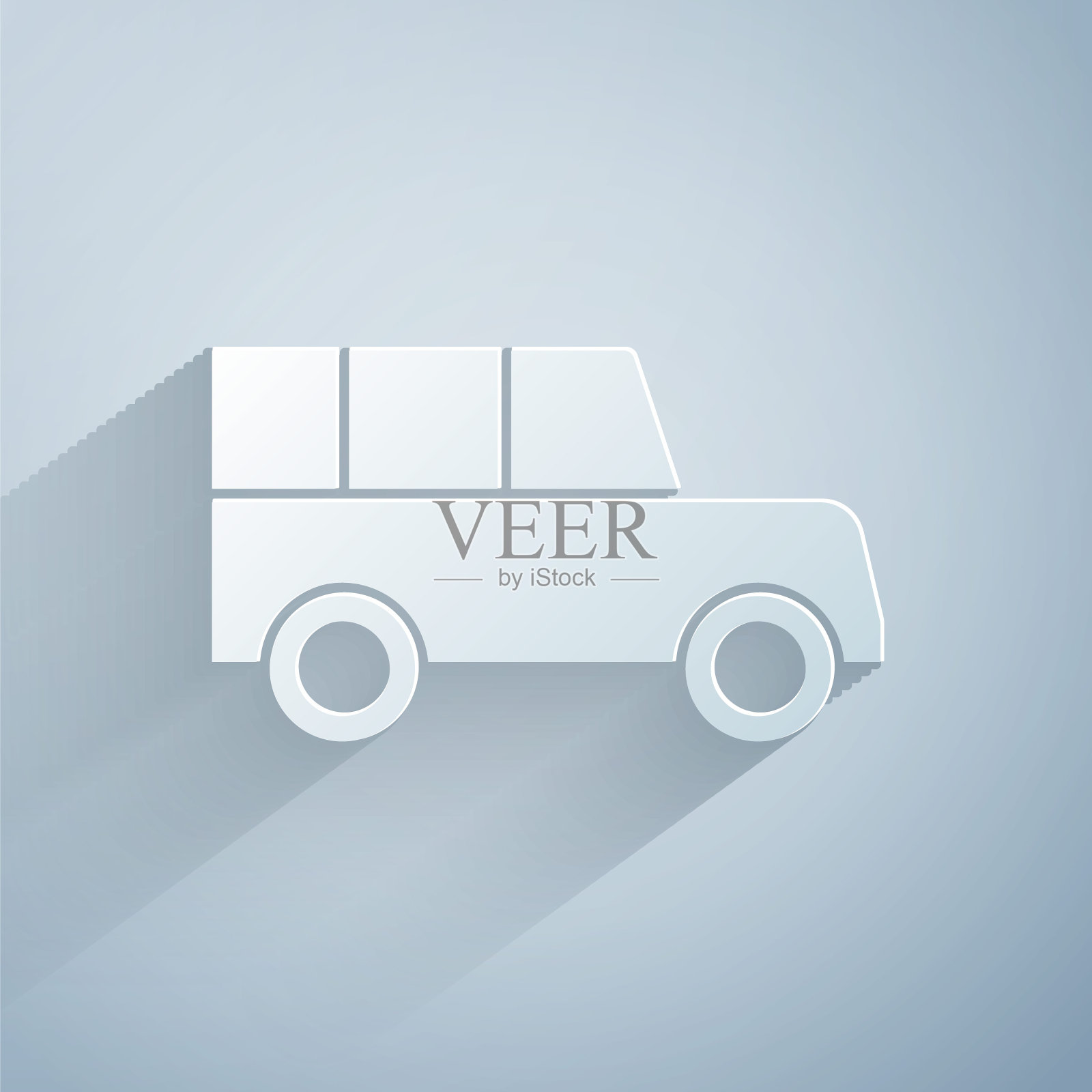 剪纸汽车图标孤立的灰色背景。前视图。纸艺风格。向量插画图片素材