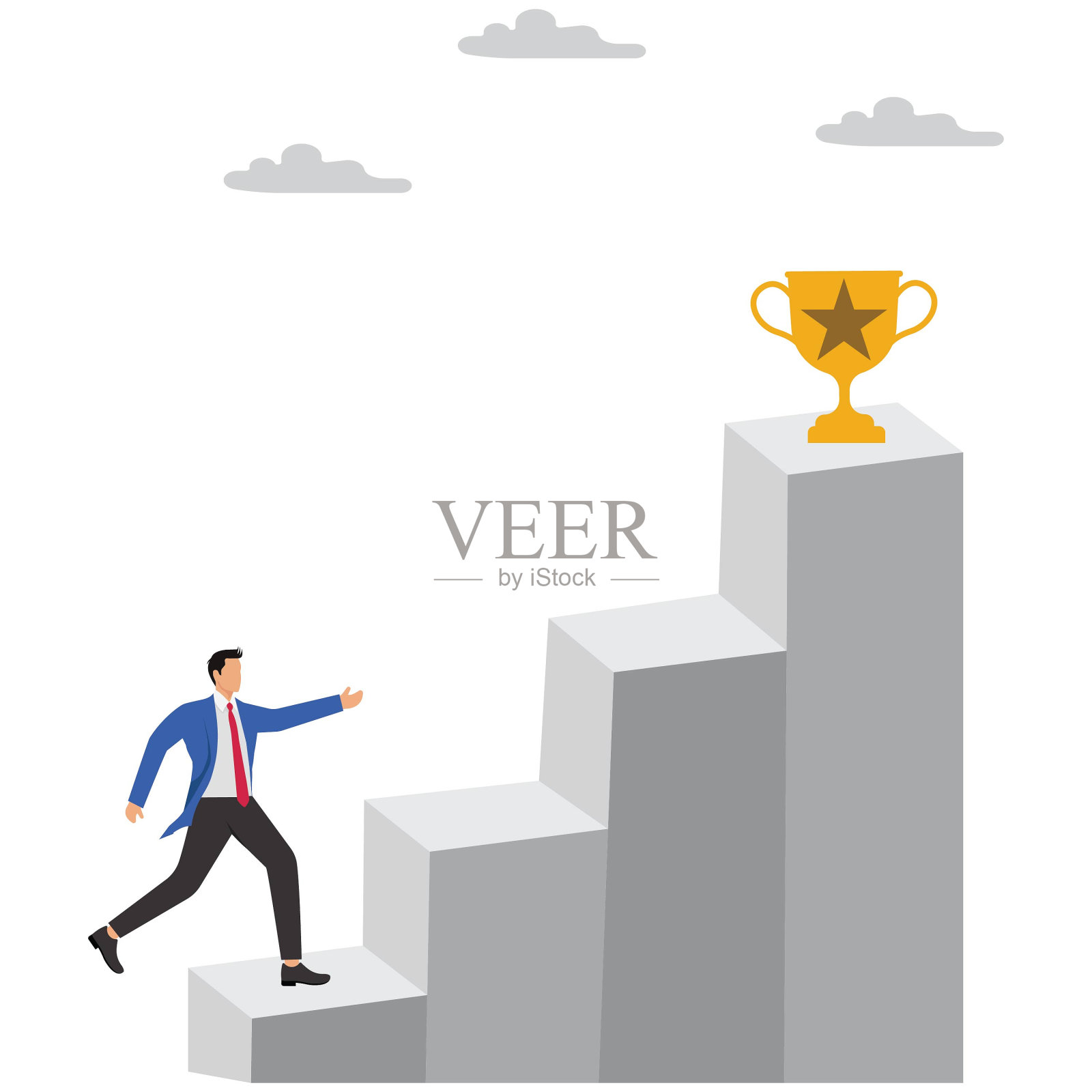 通往胜利或成功的阶梯说明，实现商业目标和目标的职业道路或阶梯，商人爬上楼梯到达成功奖杯的概念插画图片素材