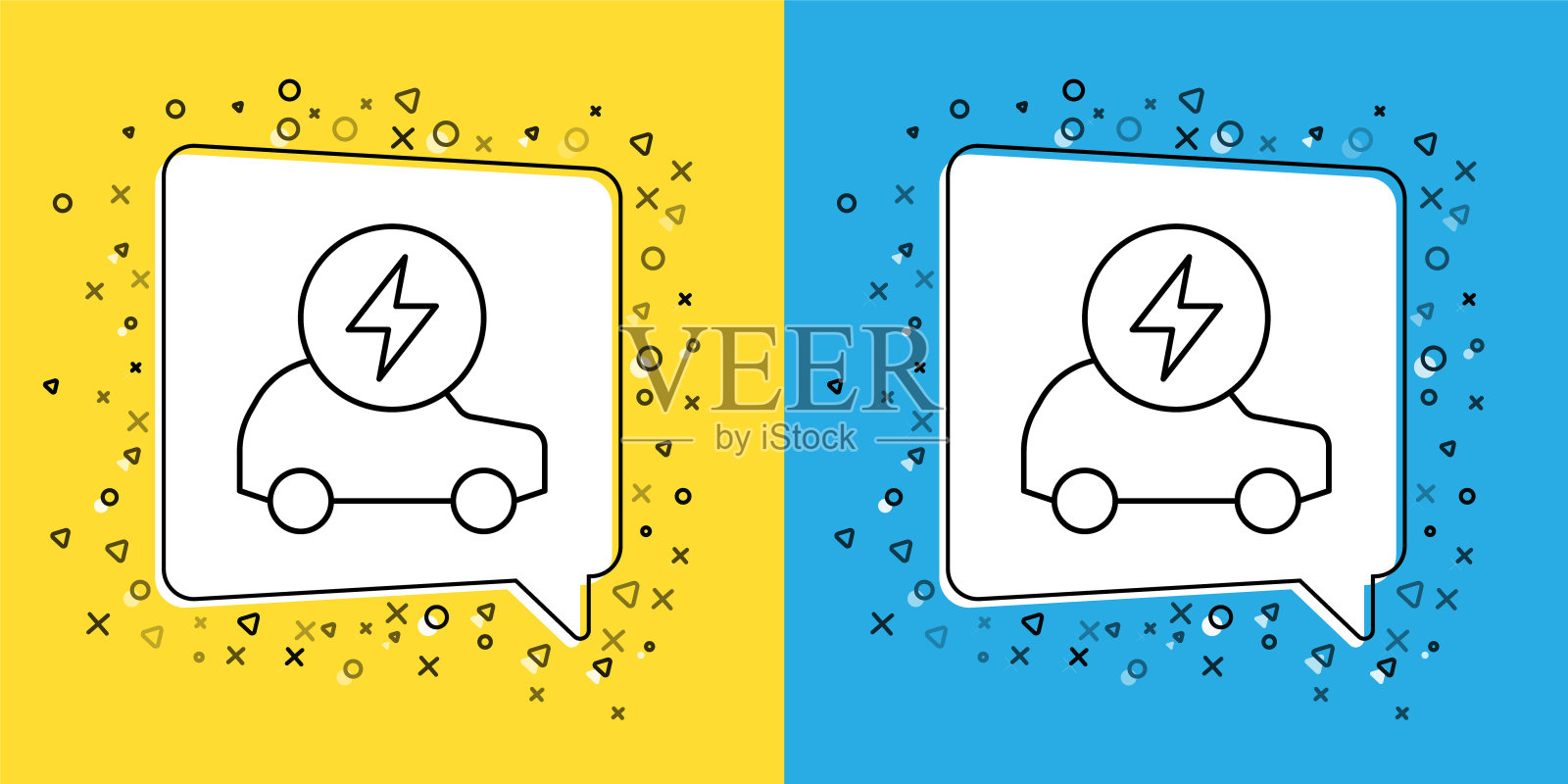 设置线电动汽车和电缆插头充电图标隔离在黄色和蓝色的背景。可再生生态技术。向量插画图片素材