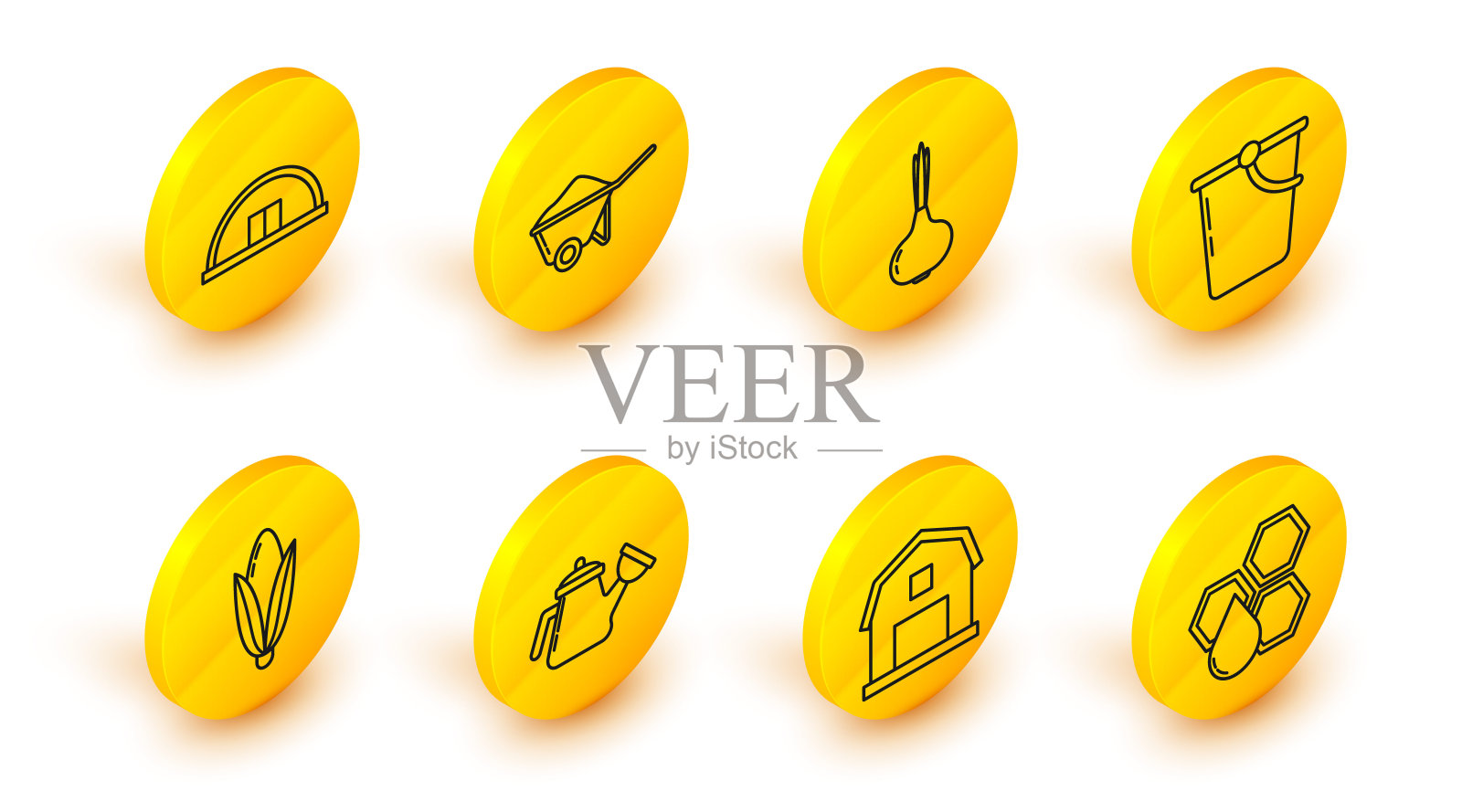 设置线蜂窝，农场的概念，洒水罐，玉米，桶，洋葱，手推车与污垢和机库图标。向量插画图片素材