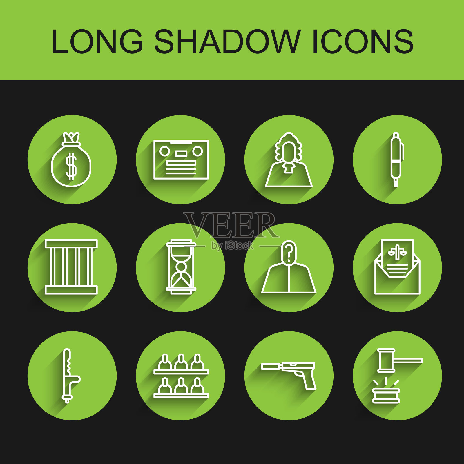 警察橡胶警棍、陪审员、钱袋、带消音器的手枪、法官 gavel、沙漏、传票和匿名问号图标矢量图插画图片素材