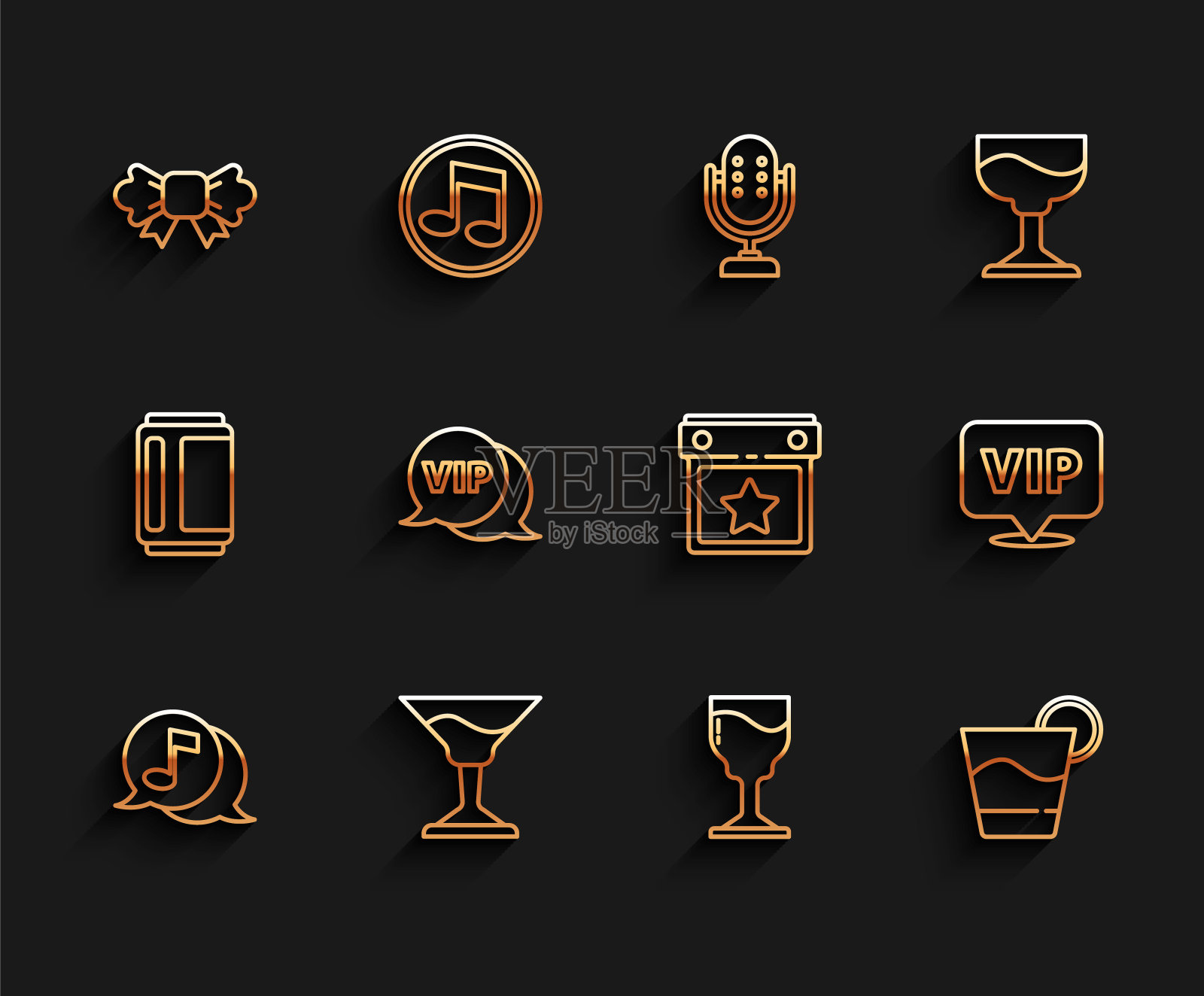 设置线音符在演讲泡沫，鸡尾酒，领结，酒杯，Vip，位置和日历派对图标。向量插画图片素材