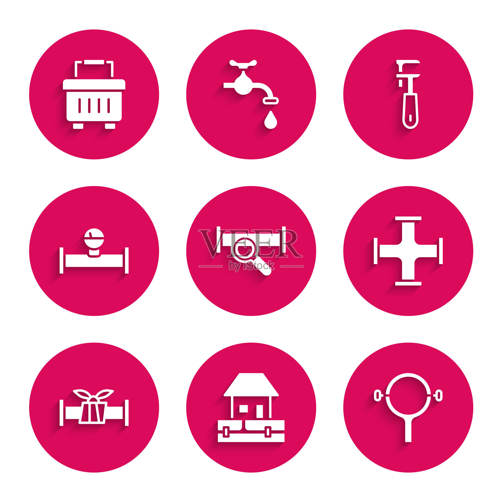 设置工业金属管、供水管路、过滤器扳手、压力计、管道可调、工具箱图标。向量插画图片素材