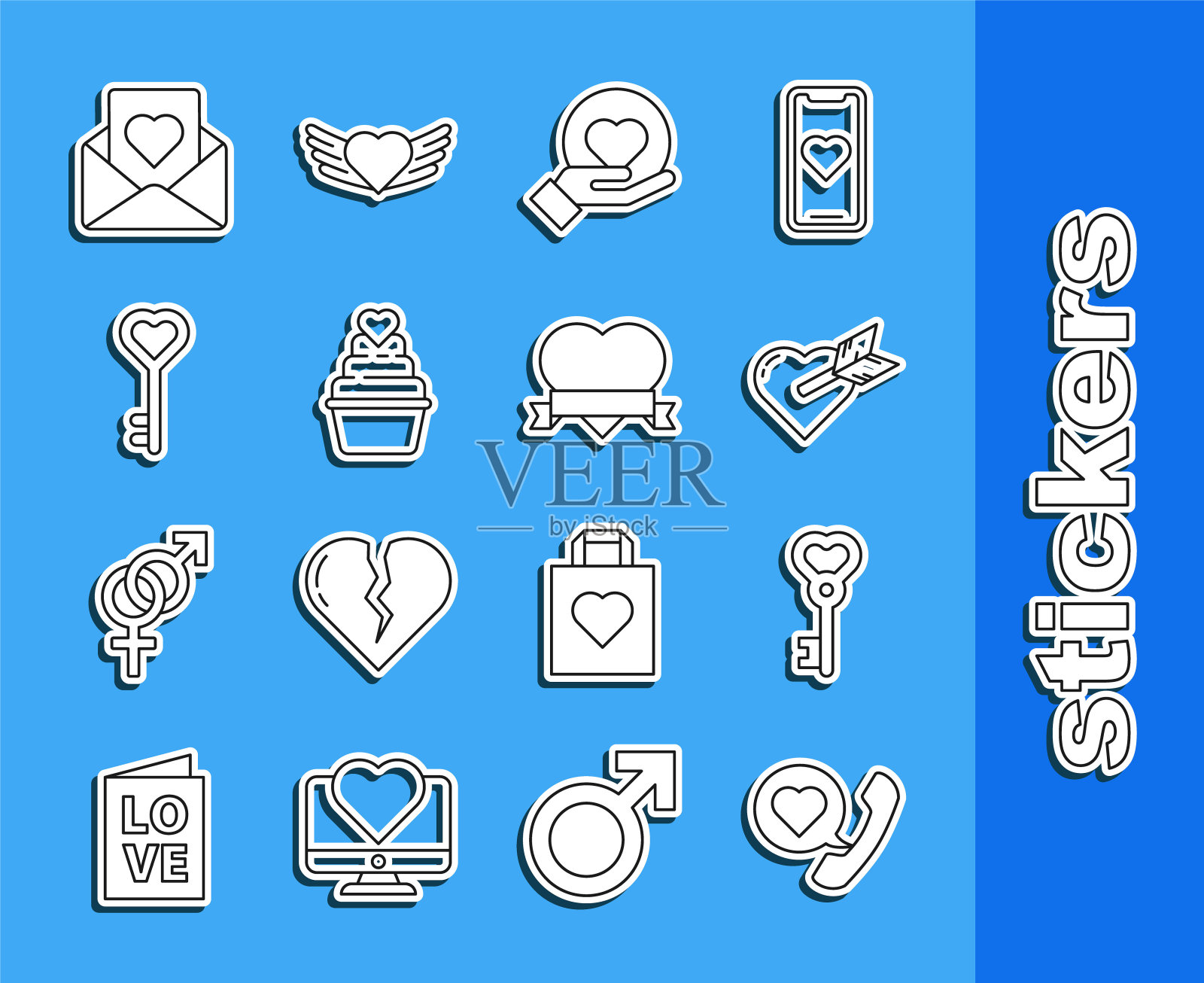 设线电话与心脏语音气泡，关键在形状，爱情和箭头，心脏的手，信封和丝带图标。向量插画图片素材