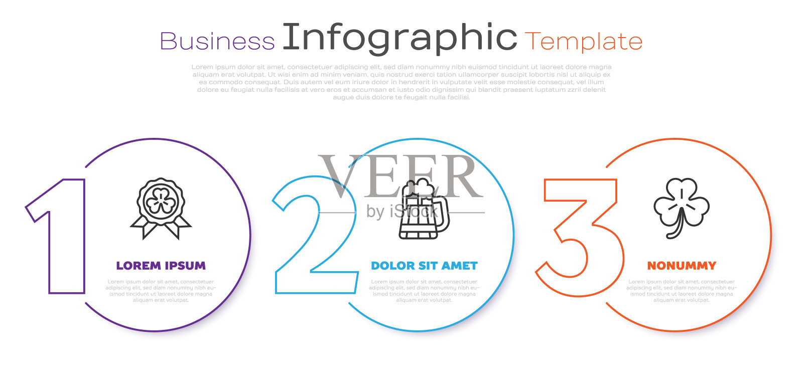 设置线奖章与四叶三叶草，木制啤酒杯和四叶三叶草。业务信息图表模板。向量插画图片素材