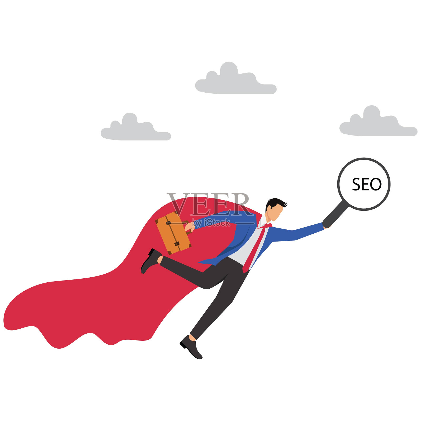 SEO搜索引擎优化提升网站在搜索结果页的排名，营销策略带动更多流量到网站的概念，商人超级英雄高飞SEO搜索框插画图片素材