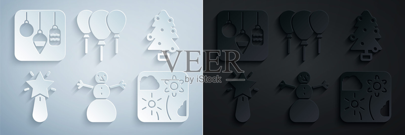 设置圣诞雪人，树，星，烟花火箭，气球与彩带和灯图标。向量插画图片素材