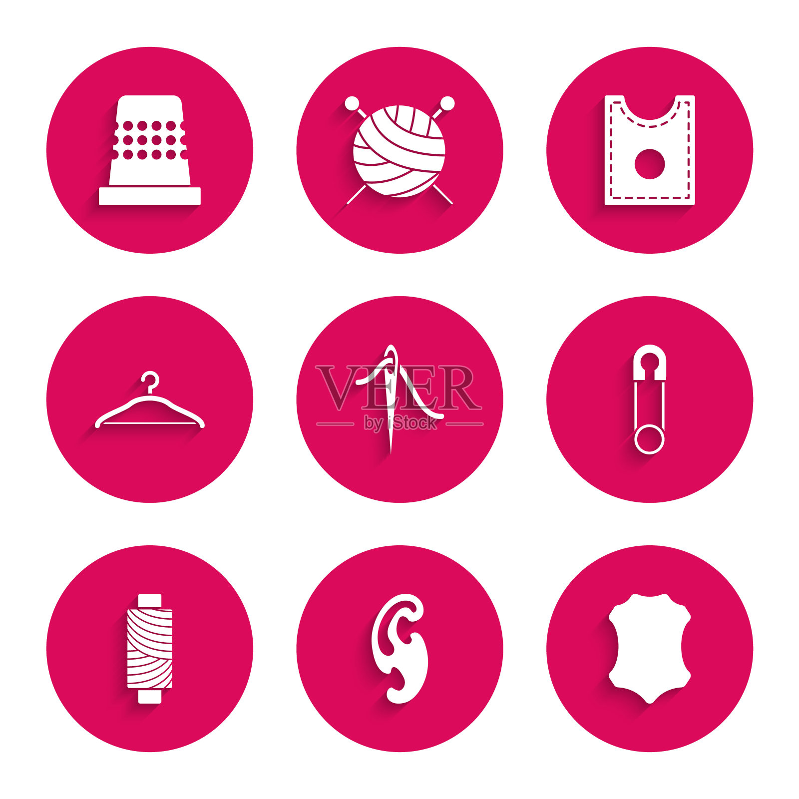 集针缝纫线，法国曲线，皮革，经典封闭钢安全别针，缝纫线轴，衣架衣柜，图案和顶针图标。向量插画图片素材