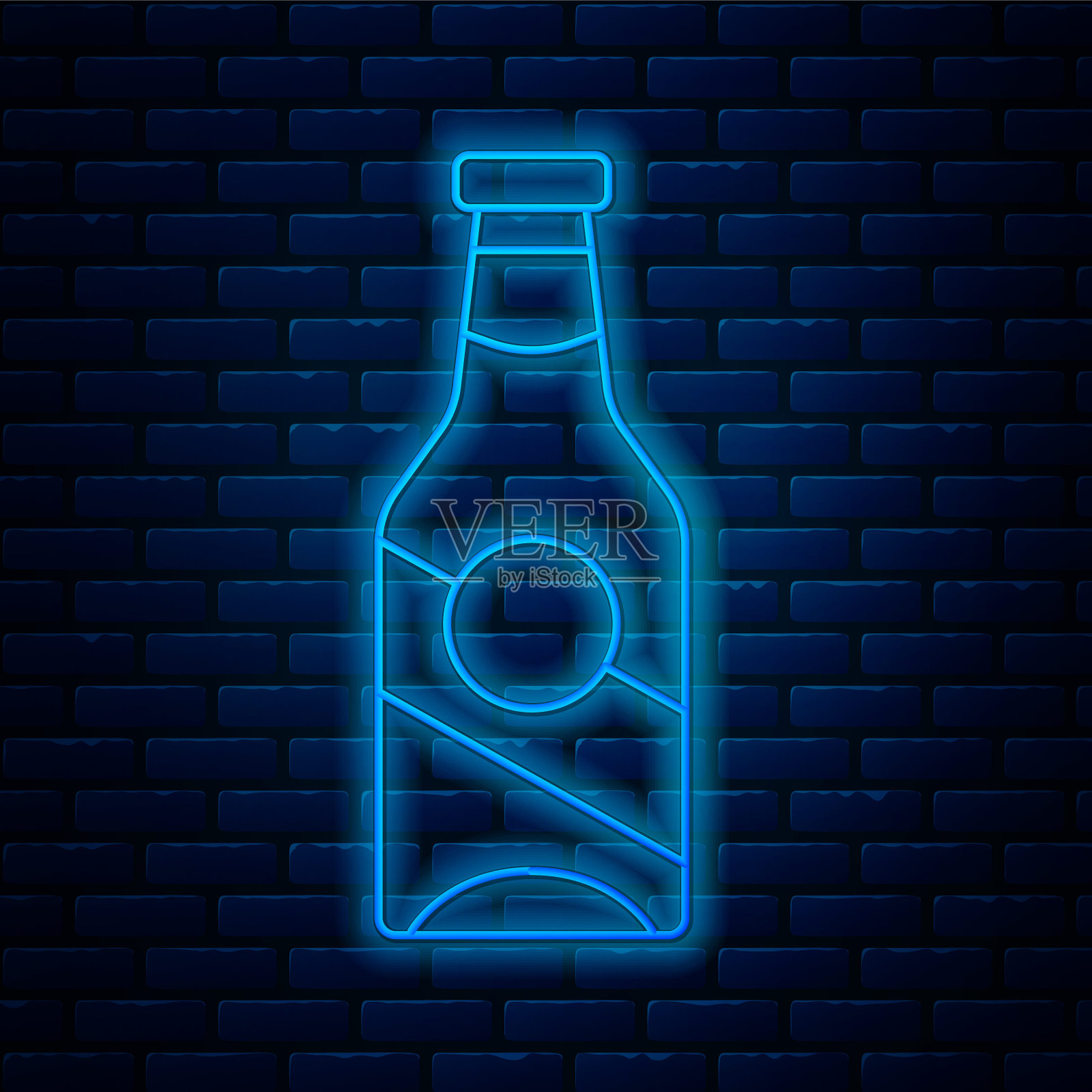 发光的霓虹灯线啤酒瓶图标孤立的砖墙背景。向量插画图片素材