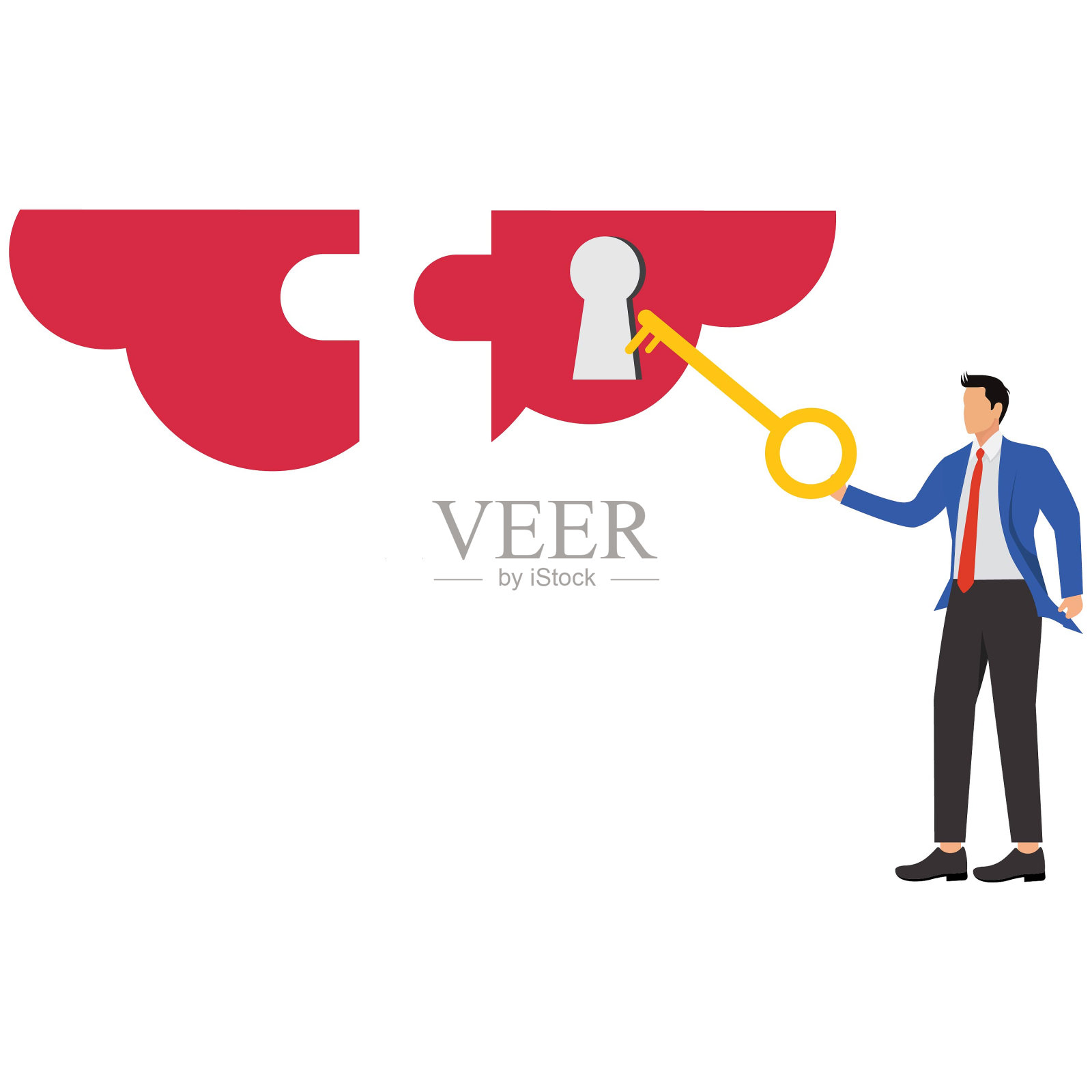 交钥匙解决方案完整的准备使用的产品，打开机会来解决客户的问题，解锁潜在的成功，软件或平台的概念，商人把钥匙变成拼图锁眼插画图片素材