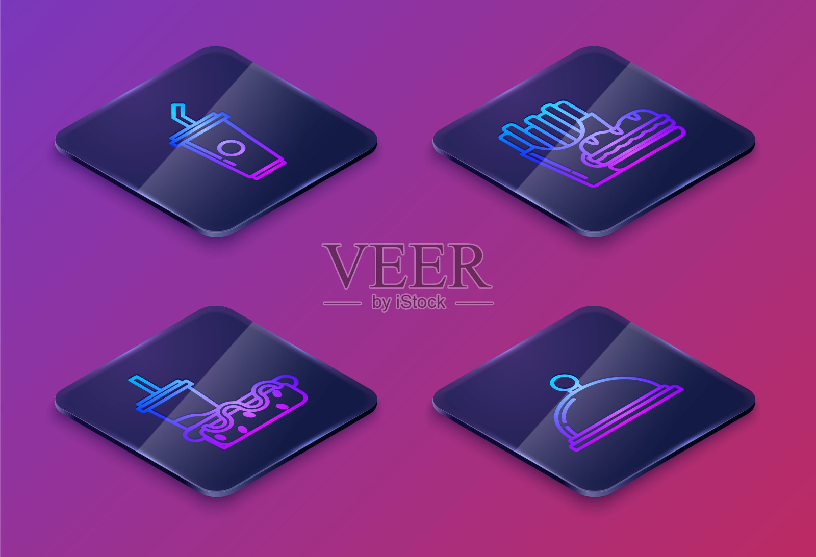 纸玻璃与饮料吸管和水，纸玻璃和热狗，汉堡和薯条在纸箱包装盒，并覆盖一盘食物。蓝色方形按钮。向量插画图片素材