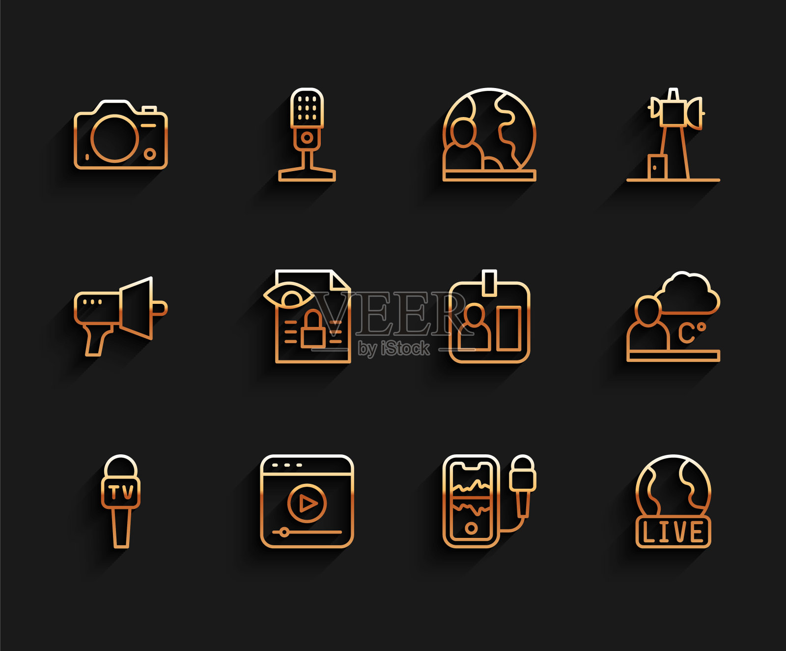 设置线路麦克风，直播，相机，手机录音，报告，新闻调查，天气预报和身份证图标。向量插画图片素材