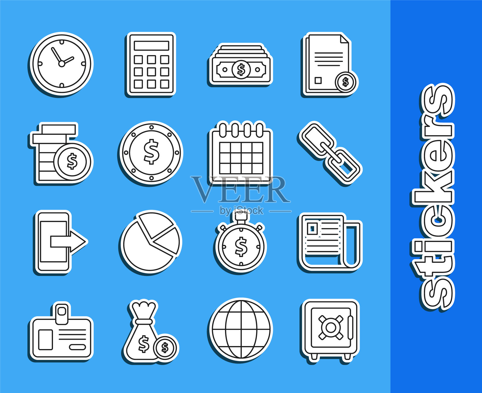 设置线安全，文件文件，链环，堆栈纸币现金，硬币与美元符号，时钟和日历图标。向量插画图片素材