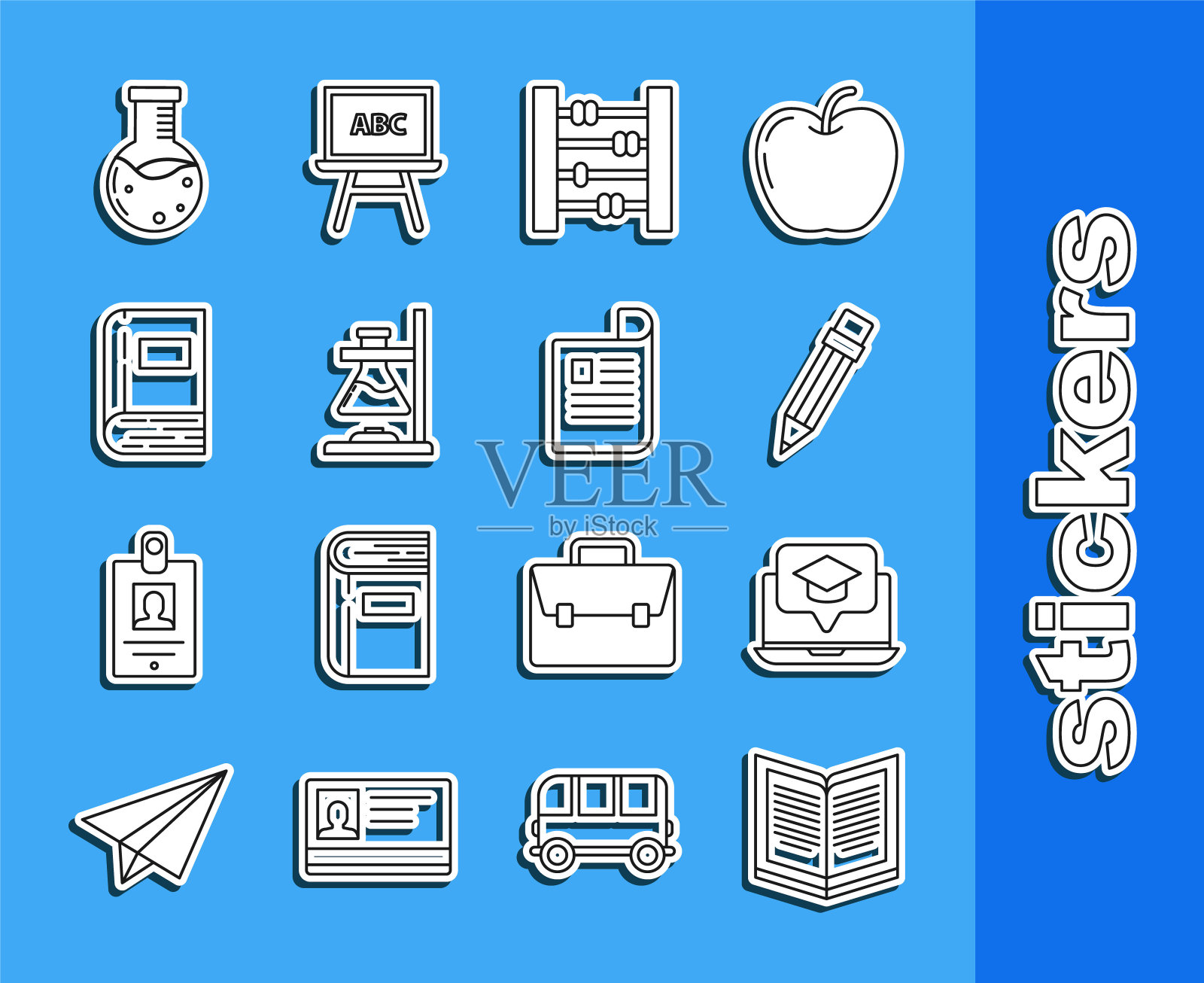 设置线打开书，毕业帽在屏幕上的笔记本电脑，带橡皮的铅笔，算盘，玻璃试管烧瓶火，书，测试和化学实验室和文件图标。向量插画图片素材