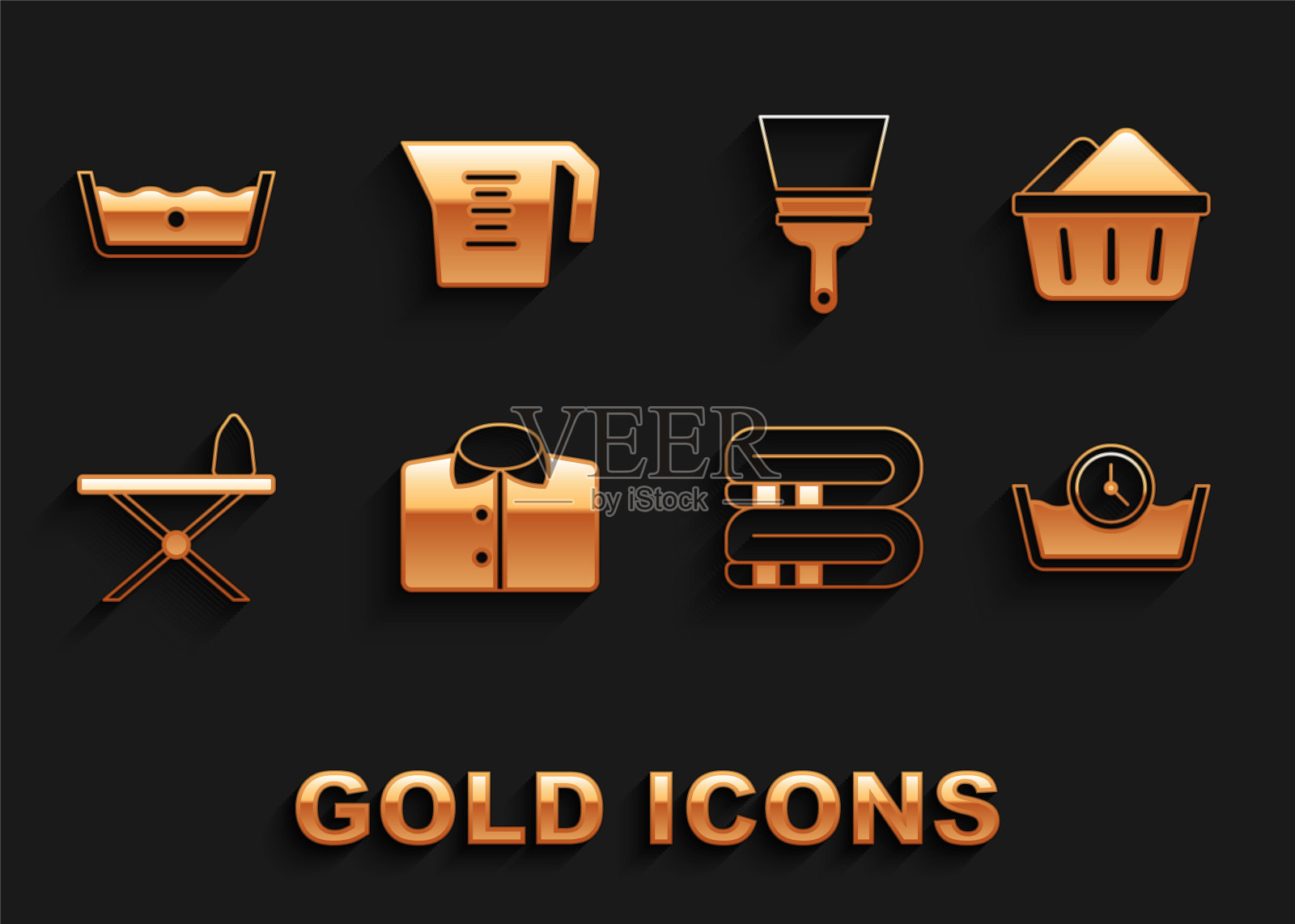 集t恤，盆地与肥皂泡沫，时间洗涤，毛巾堆，熨斗和熨衣板，橡胶清洁剂的窗户，温度和量杯图标。向量插画图片素材